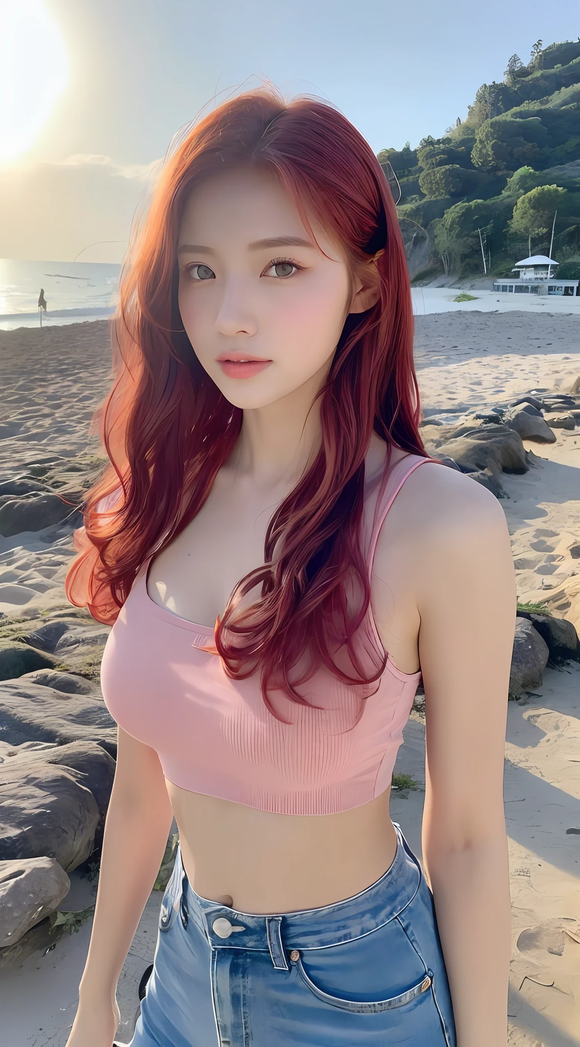 ((Realistic lighting, best qualtiy, 8K, tmasterpiece:1.3)), sharp fokus:1.2, 1girll, Beautiful Women with Perfect Figure:1.4, Slim abs:1.1, ((Red hair,),Cowgirl posture,(exteriors,In the daytime:1.1),Beach by the sea,Ultra-fine face,Fine eyes,二重まぶた,curlies,with fair skin,mideum breasts,Random color clothes