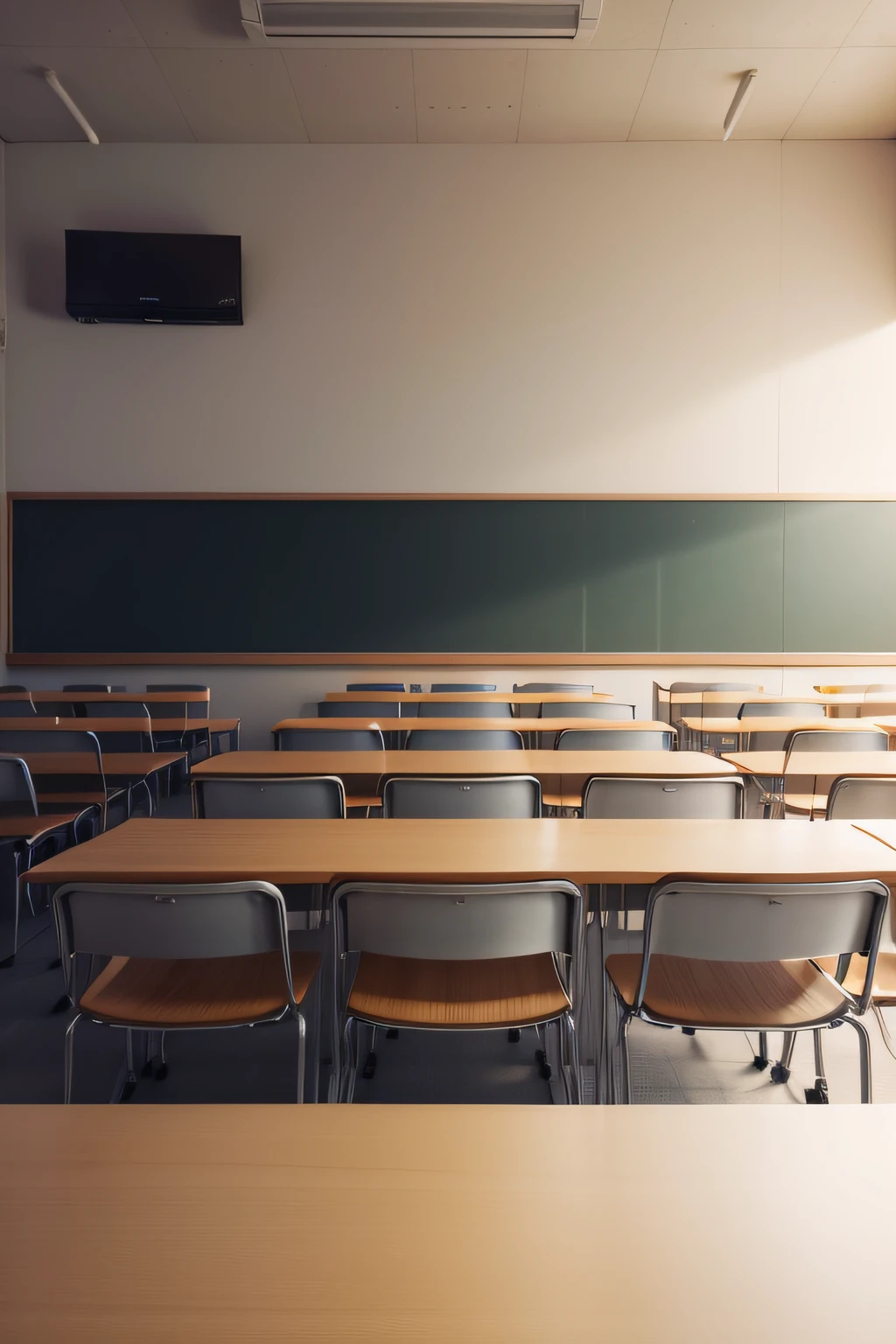 Criar uma imagem de sala de aula moderna, com lousa de vidro, televiso grande, Comfortable wallets, incluir professor e alunos. A lousa pode conter postit e o ambiente deve ser acolhedor.