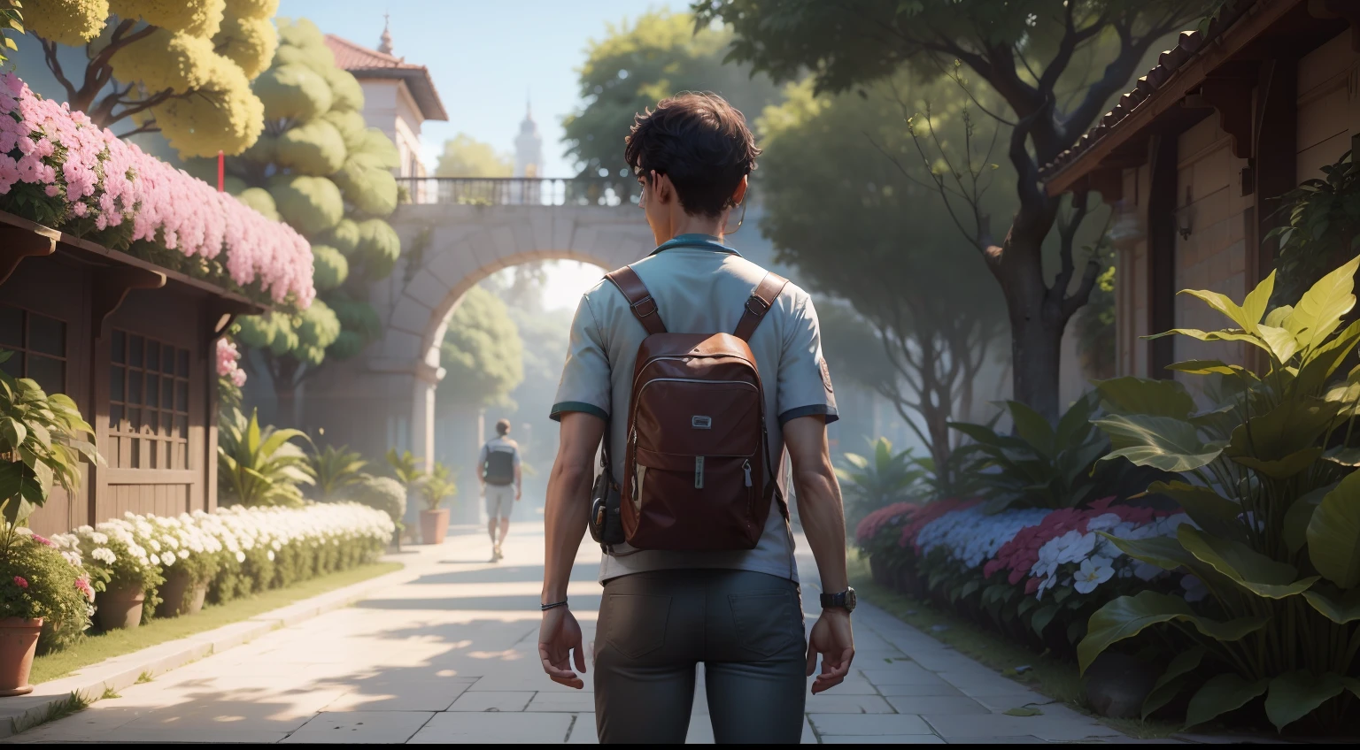 Jovem explorador em um jardim de flores 4k realista