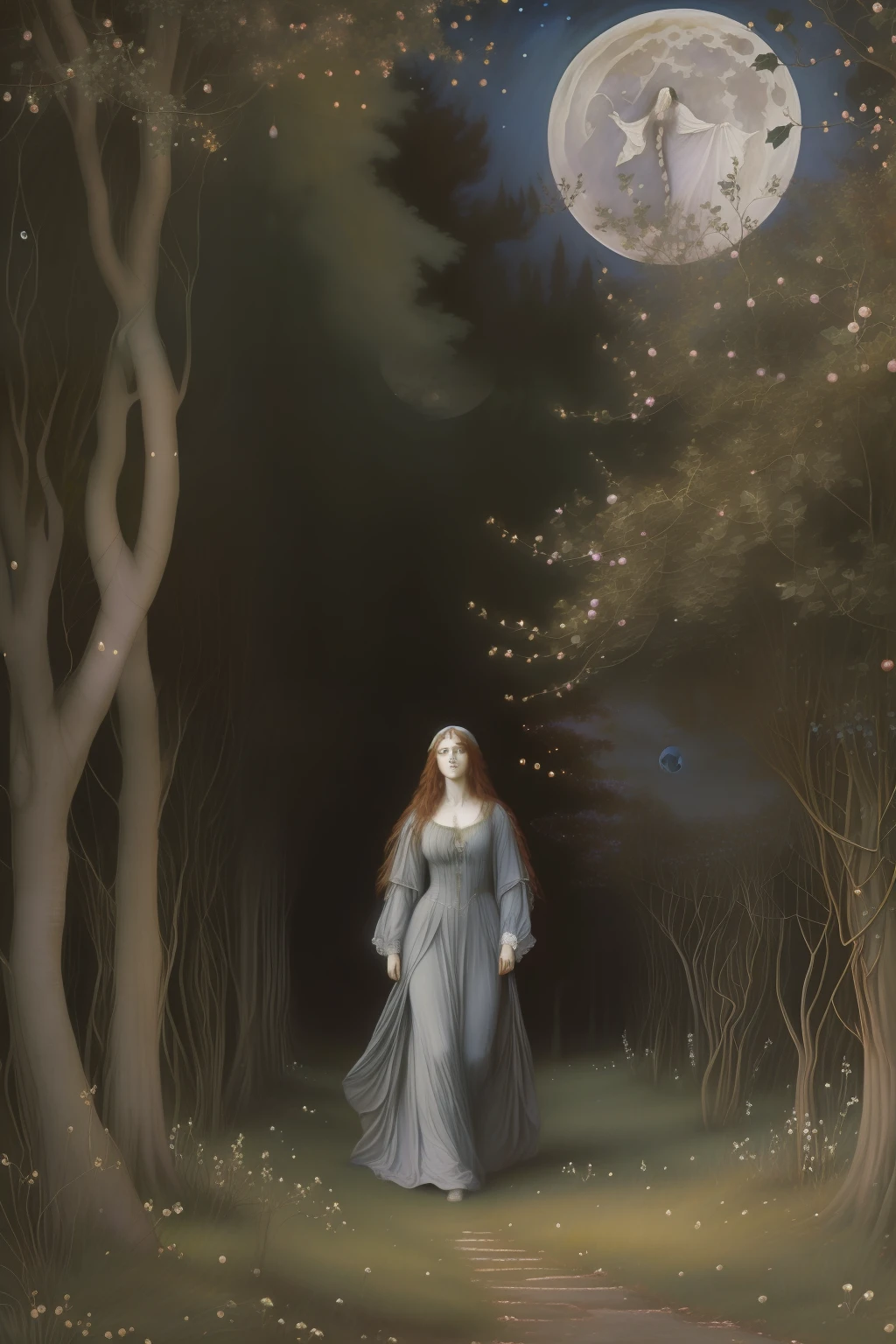 (((Pre-Raphaelite painting of a ghostly woman flees in horror in a hawthorn grove at full moon night)))