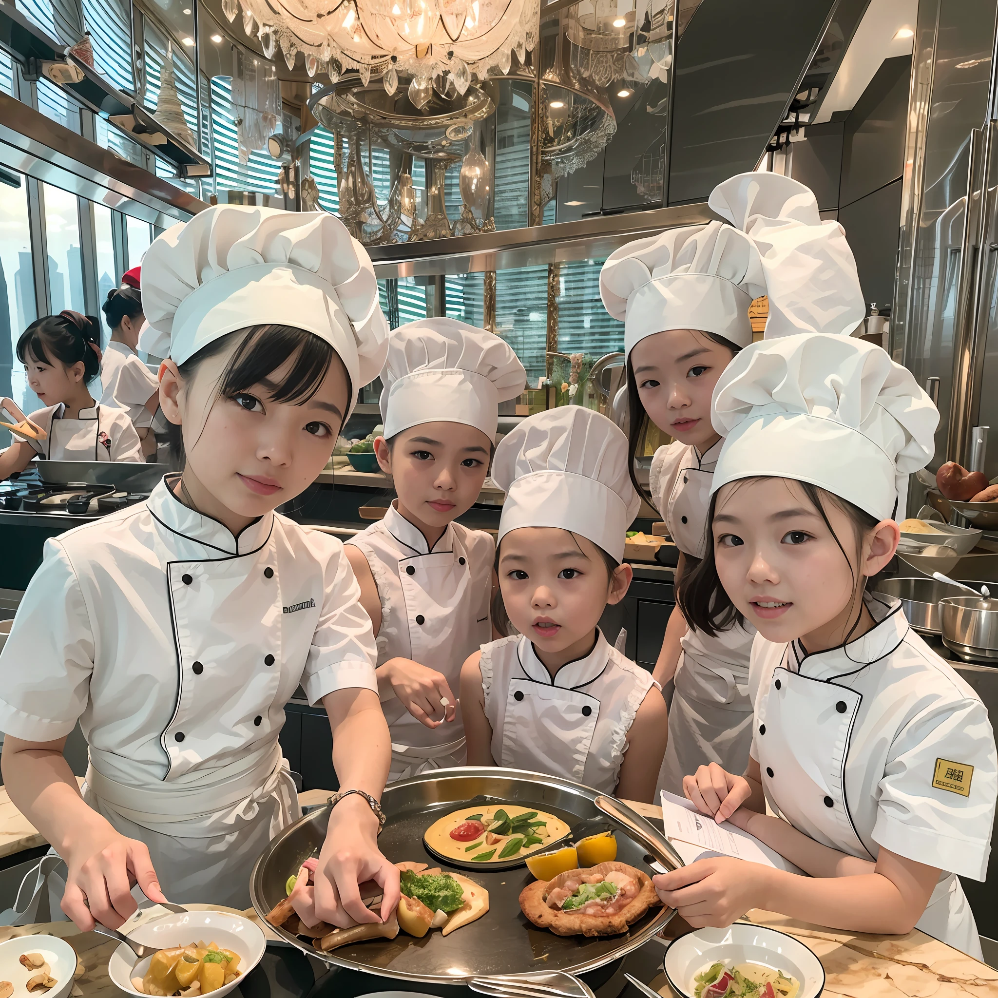 Located on the 180th floor of Shanghai Tower，Five delicate cute  girls with upturned asses，juniorin an upscale open kitchen