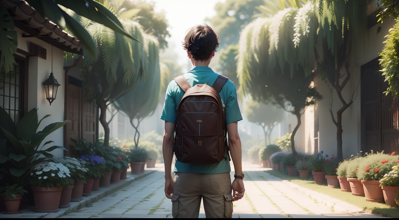 Jovem explorador em um jardim de flores 4k realista