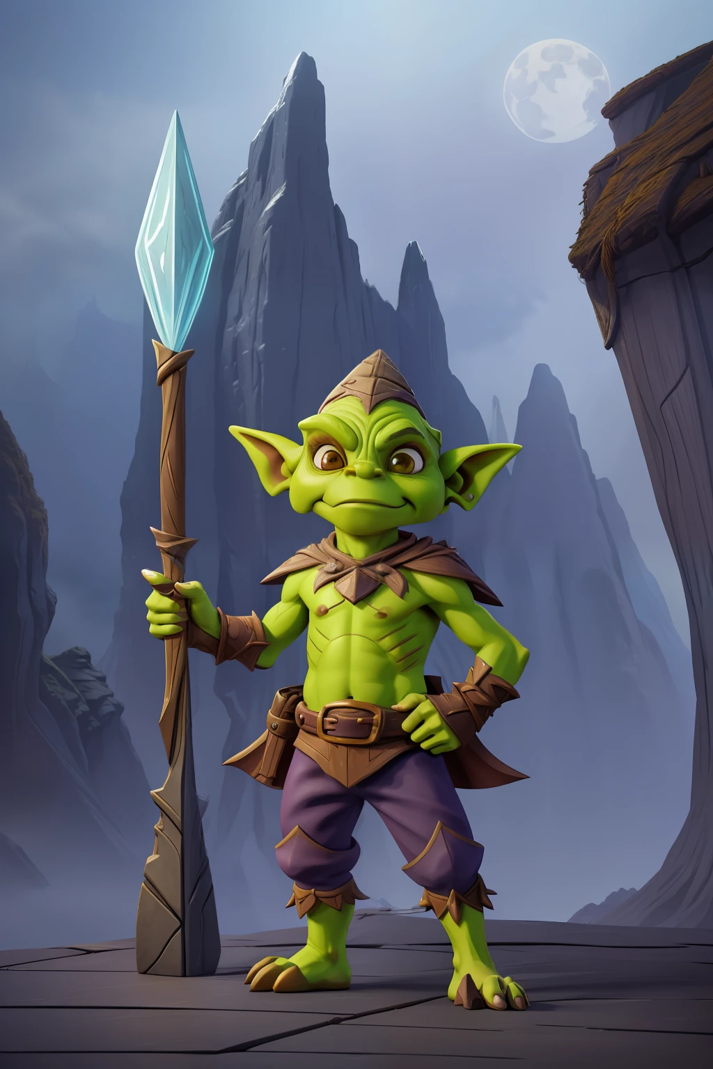 Full body portrait of a goblin, mischievous creature with green skin, long pointy ears, exaggerated facial features, wearing fantasy armor and holding a staff, dramatic side lighting, digital art, dynamic composition, highly detailed textures, intricate patterns on clothes, fantasy landscape background, misty fields and mountains, photorealistic style