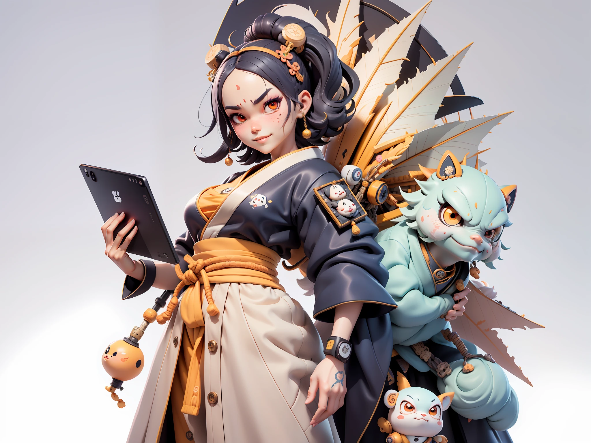 (Daisaku),(Need),(Super meticulous),(full bodyesbian:1.2),Japanese ukiyo-e girl,japanese geisha,Beautiful,Oriental dragon,Aeolian Thor,Raised sexy,爆乳,Oriental face,TV Anchor,Bust portrait illustration,Alone,In black suit,a blue tie,The face is slightly chubby,The face was clean,without a beard,Black super short hair,Black eyes,Smile confidently,3C computer sub-products,iPad, iphone,Digital painting,3D character design by Mark Clairen and Pixar and Hayao Miyazaki and Akira Toriyama,The illustration is a high-definition illustration in 4K resolution,With very detailed facial features and cartoon-style visuals。