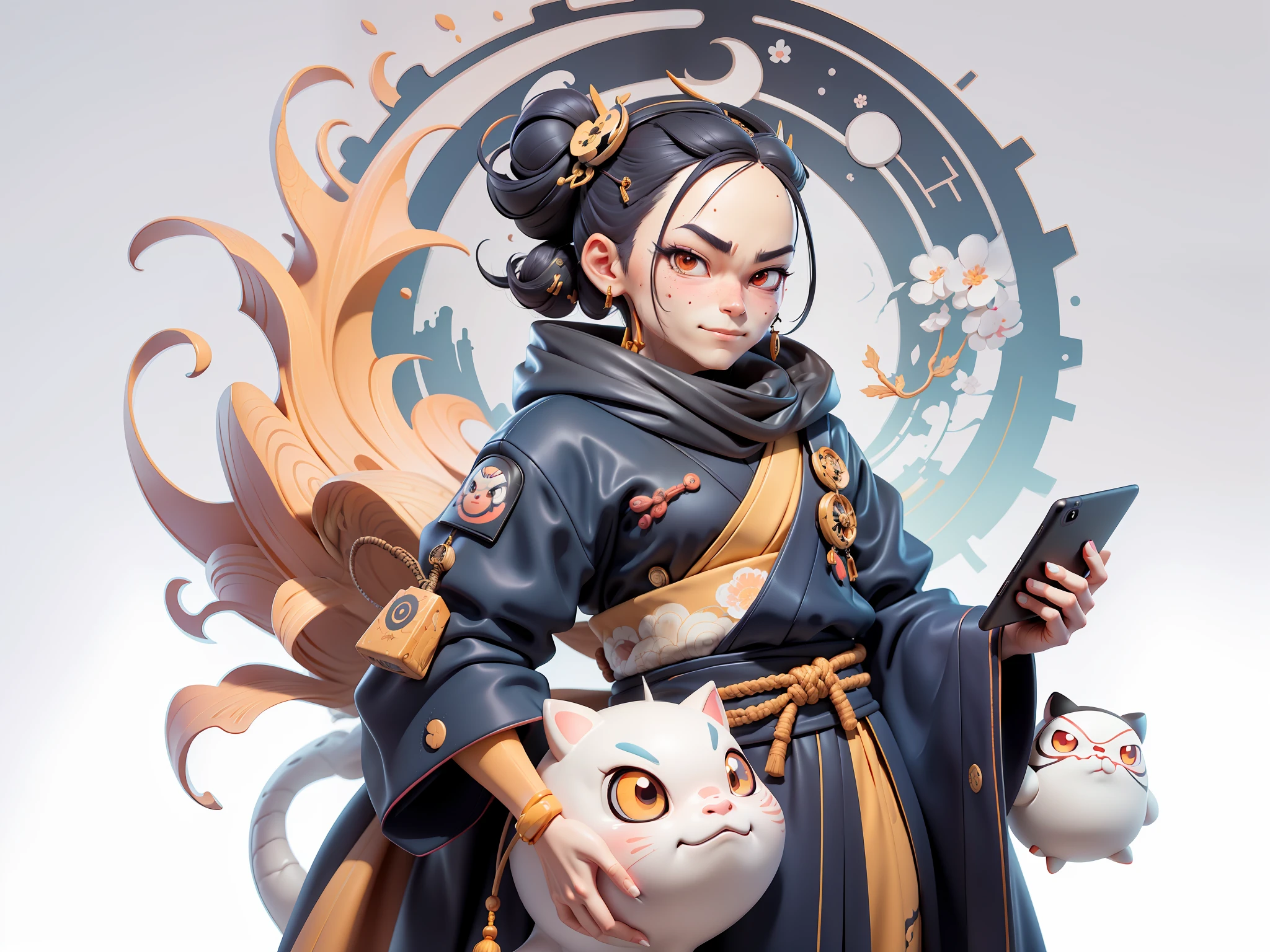(Daisaku),(Need),(Super meticulous),(full bodyesbian:1.2),Japanese ukiyo-e girl,japanese geisha,Beautiful,Oriental dragon,Aeolian Thor,Raised sexy,爆乳,Oriental face,TV Anchor,Bust portrait illustration,Alone,In black suit,a blue tie,The face is slightly chubby,The face was clean,without a beard,Black super short hair,Black eyes,Smile confidently,3C computer sub-products,iPad, iphone,Digital painting,3D character design by Mark Clairen and Pixar and Hayao Miyazaki and Akira Toriyama,The illustration is a high-definition illustration in 4K resolution,With very detailed facial features and cartoon-style visuals。