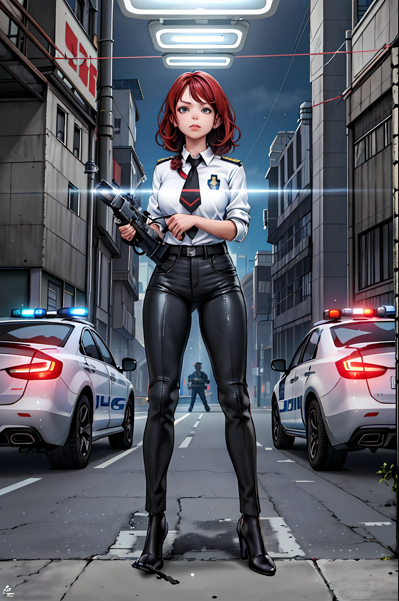 1girll, Policewoman, Delicate and beautiful face, Be red in the face, Short curly hair, hair splayed out, Hair strips dyeing,goggles, Angry, parted lip, Tattooed,A plump chest, Convex buttocks, White striped shirt, With police insignia, black necktie, Black suit pants, Black high heels, mitts, Raise the gun in your hand, perfectly proportioned, Detailed clothing details, Police motorcycles, Police light effect, The metropolis of the future, Sci-fi sense, Cinematic lighting, filmgrain, Fuji colors, lightand shade contrast, 8K, Masterpiece, Textured skin, Super detail, high detal, High quality, A high resolution,