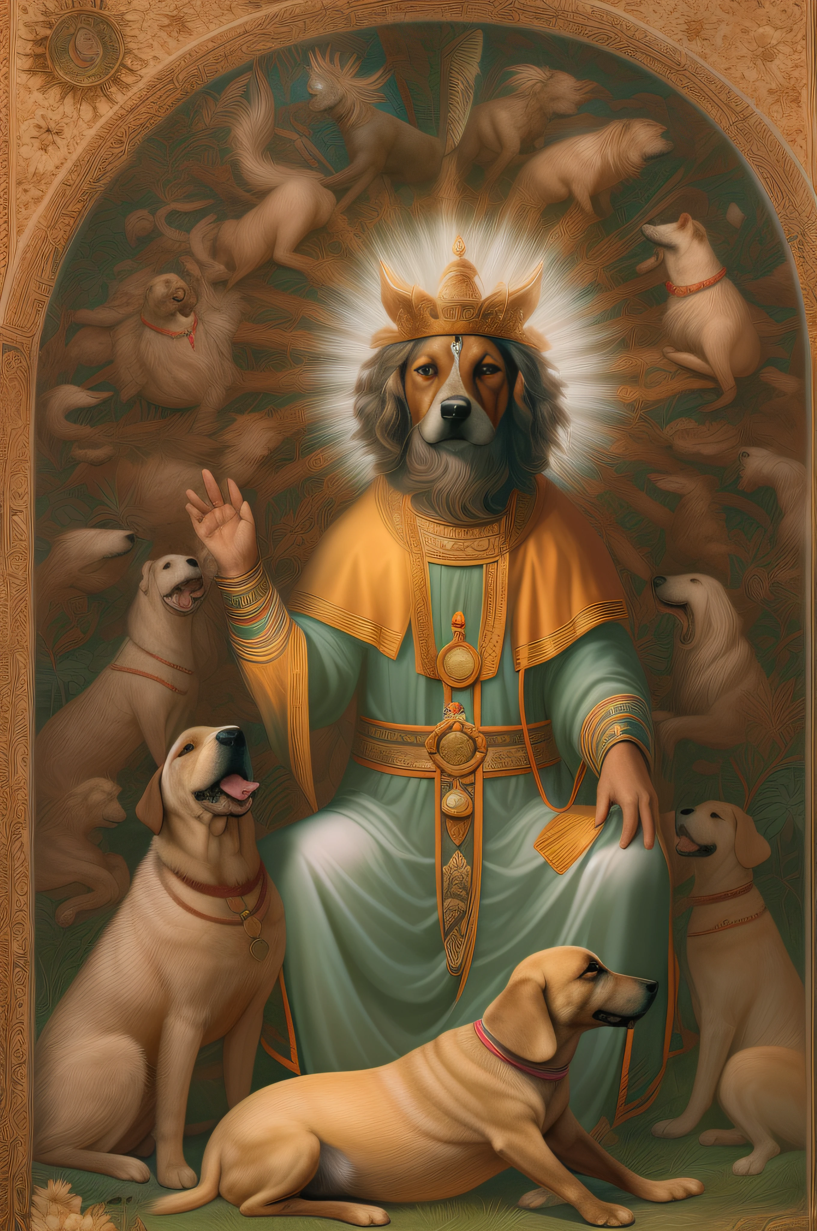 Image of a dog-man hybrid as a god worshipped by other dogs, imagem divina, religiosa, 8K.
