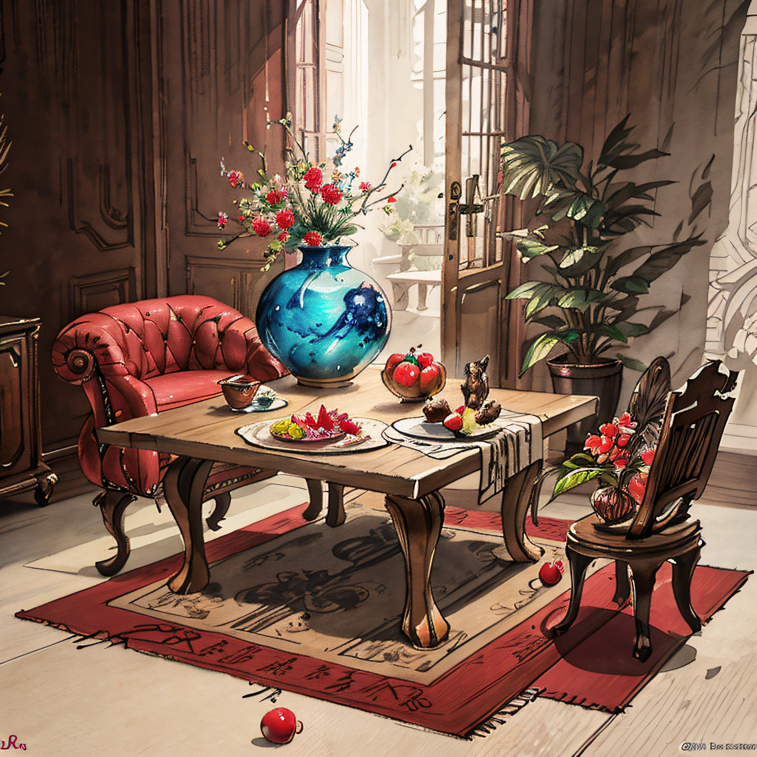 masterpiece, best quality of still life, vase, flower, feather, ornaments, porcelain, fruits, art by greg rutkowski and jesper ejsing and raymond swanland, trending on artstation, cgsociety, deviantart, 8k, HD, sharp focus, high details, digital painting, concept art, illustration, vibrant colors, smooth gradients, photorealistic, octane render