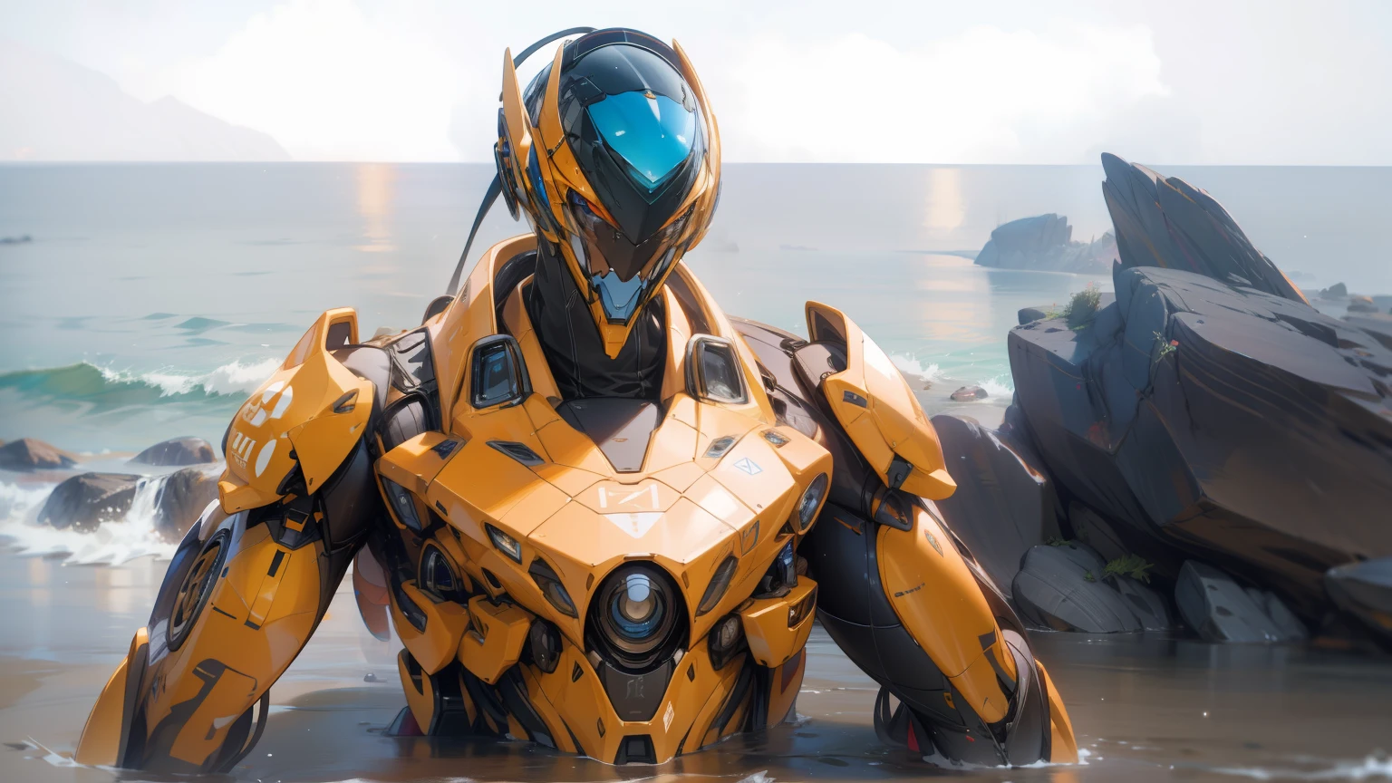 araffe standing on a rocky beach with a body of water in the background, made in unreal engine 5, 4 k octan render, 8 k octane detailed render, rendered in unreal engine 5, 8 k octanerender, amazing octane render, super rendered in octane render, ultimate octane render, 8 k cg render, 8k octane unreal render,mech,white in color