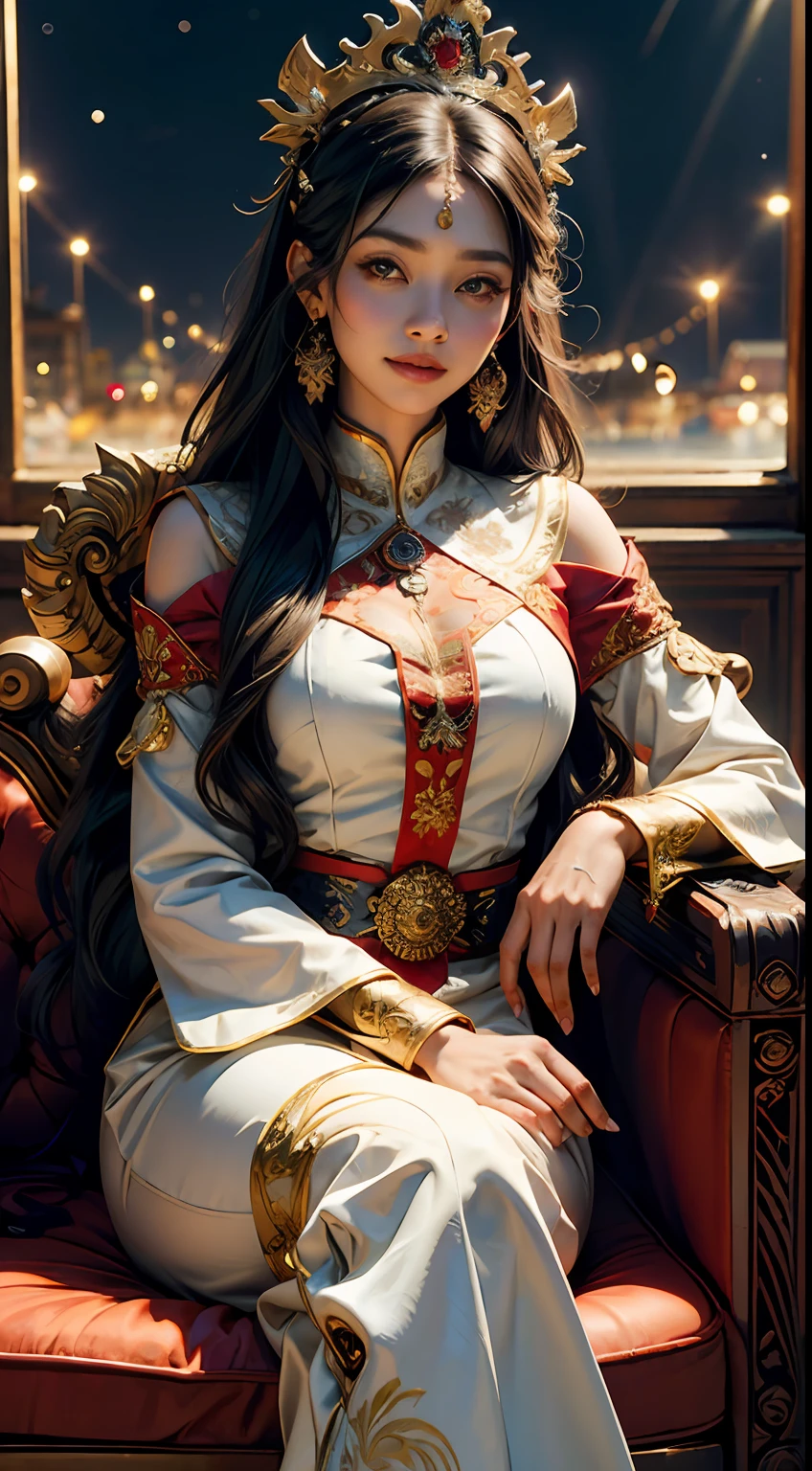 royal princess in java, long hair, in traditional west java clothes, sharp eyes, seductive smile, sitting on a throne with a pose, white tiger beside her, extremely beautiful, background explosion, night, (masterpiece:1.2) (illustration:1.1) (best quality:1.2) (detailed) (intricate) (8k) (HDR) (wallpaper) (cinematic lighting) (sharp focus)