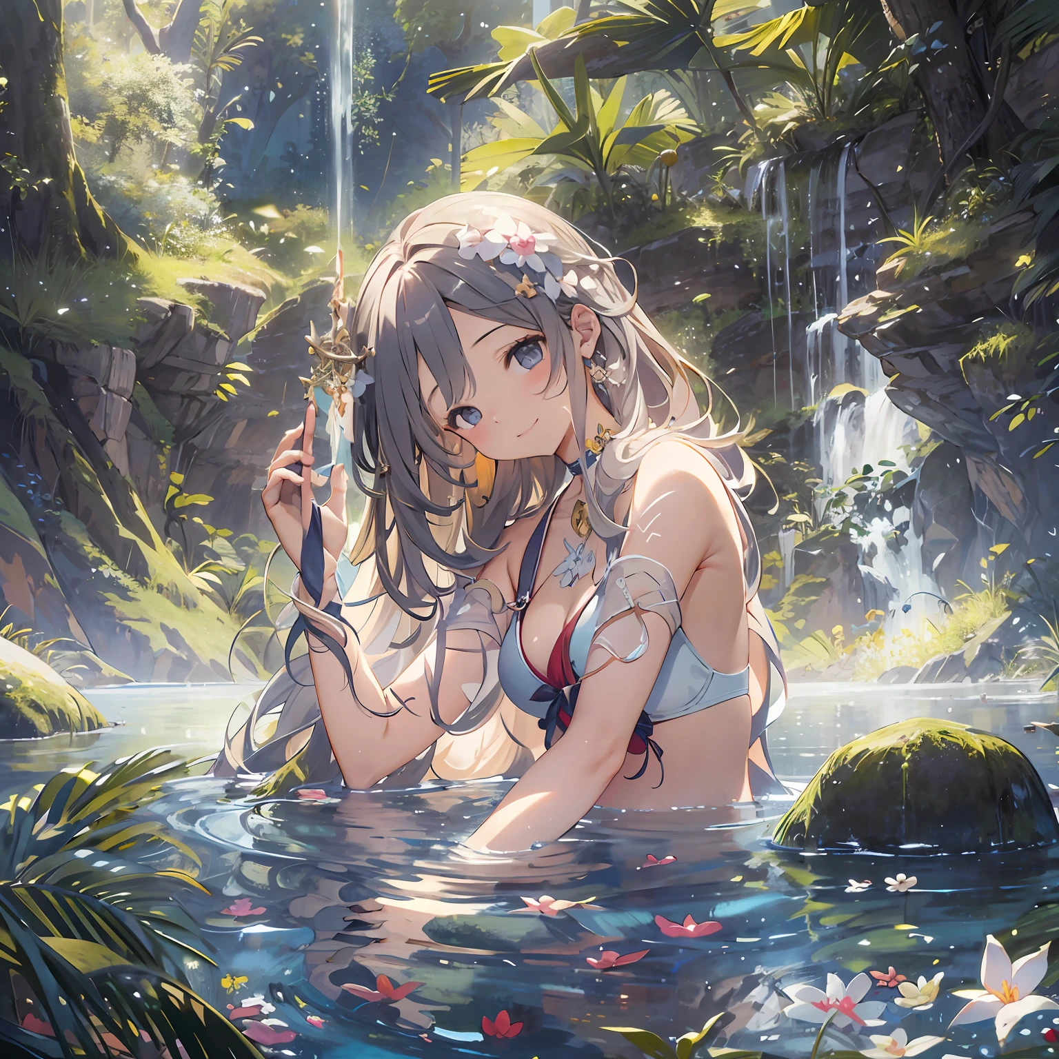 Outrageous resolution、hight resolution、(​masterpiece:1.4)、ultra-detailliert、1girl in、Prayer Pose、Pray、a tranquil lake、the woods、delighted expression、kindly smile、Face up、magia、suki、Serene、Floating hair、spaces、The bikini、floating、 --v 6