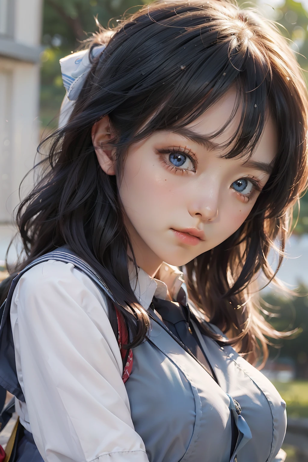 in 8K、超A high resolution、Top image quality、masterpiece、A hyper-realistic、a picture、女の子1人、(:1.3)、Cute little girl utiful detail、(School Girl)、(Summer Uniforms:1.5ium big breasts:1.2)、(((radiant eyes))、