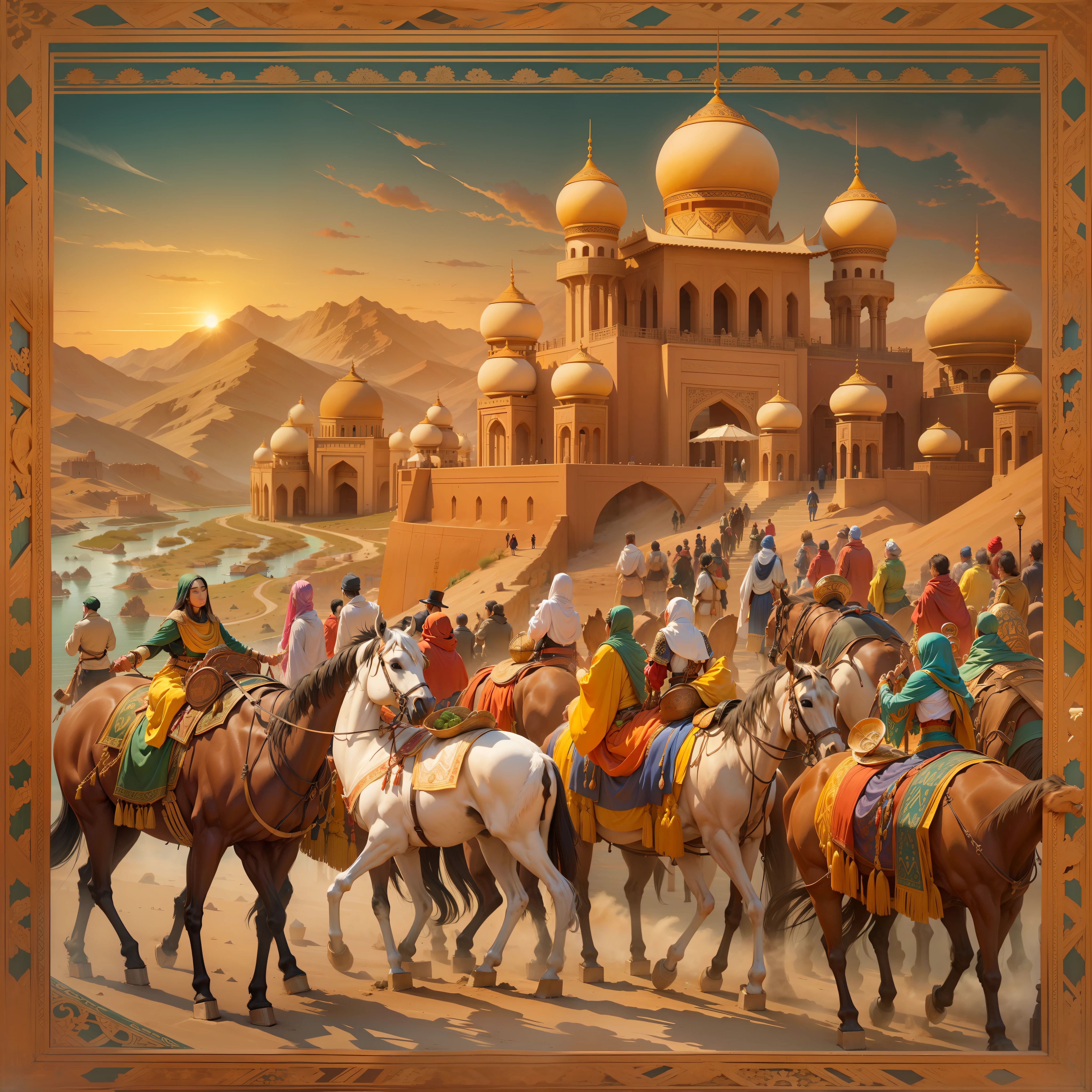 "The Silk Road: a mesmerizing journey through ancient lands, rich with cultural exchange and vibrant trade routes. Capture the essence of this historic connection between East and West, showcasing the magnificent landscapes, bustling markets, diverse attire, and intricate caravanserais. Experience the opulence of silk, the allure of spices, and the spirit of adventure. Let the colors, textures, and stories of the Silk Road come to life in a captivating masterpiece."