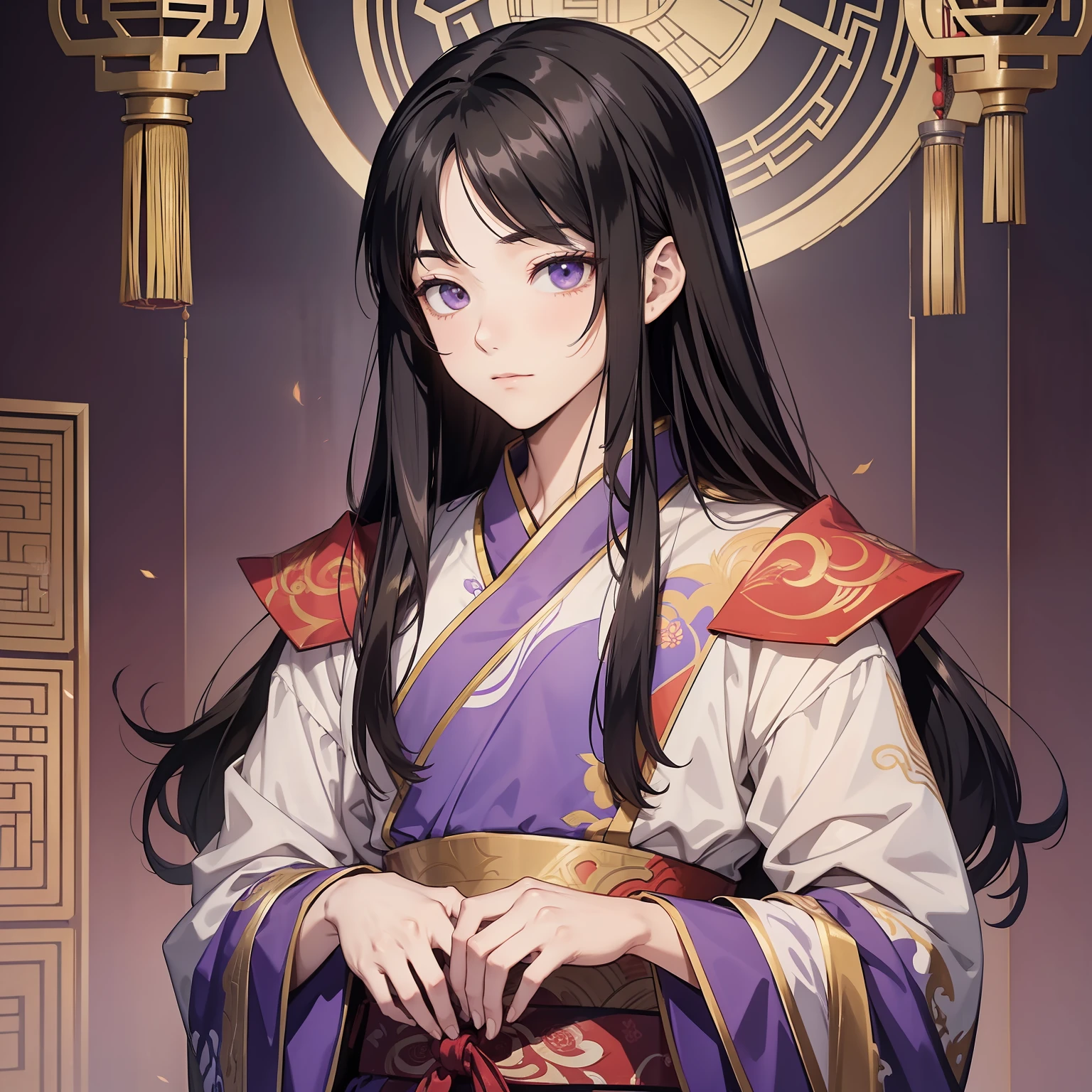Ancient Chinese anime young man with long black hair and about 18 years old wearing a red wedding banquet purple dress,(Happy emoji 1.5)(Open your mouth and laugh 1.2)(The background is room 1 of ancient China.5)Anime style 4 K,Anime rendering,style of anime。8k,Handsome anime face,Handsome costume boy(Upper body display 1.5)(Handsome boy 1.3)(Cinematic lighting 1.5)Vicissitudes 1.5