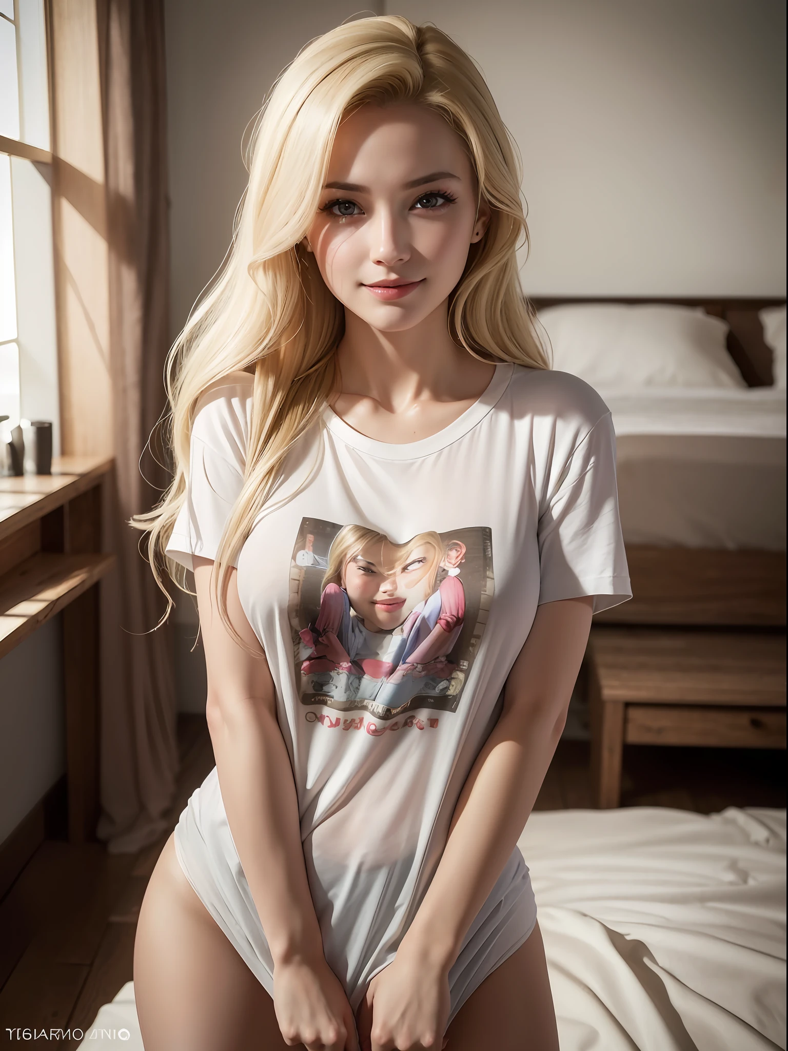 (16k, highest quality, best quality, masterpiece, highly detailed:1.4), (full body:1.2), 1girl, upper body, blonde woman, really beautifull woman, wearing boyfriend t-shirt and panty, in a beautifull bedroom, shirt, naked shirt, shirt tug, (naked shirt, shirt tug:1.2), shy, half smile, midday, from below, (erotic smile), highly detailed skin, skin pores, subsurface scattering, realistic pupils, big breast, full face blush, full lips, detailed background, depth of field, volumetric lighting, sharp focus, absurdres, realistic proportions, good anatomy, (realistic, hyperrealistic:1.4), 16k hdr,