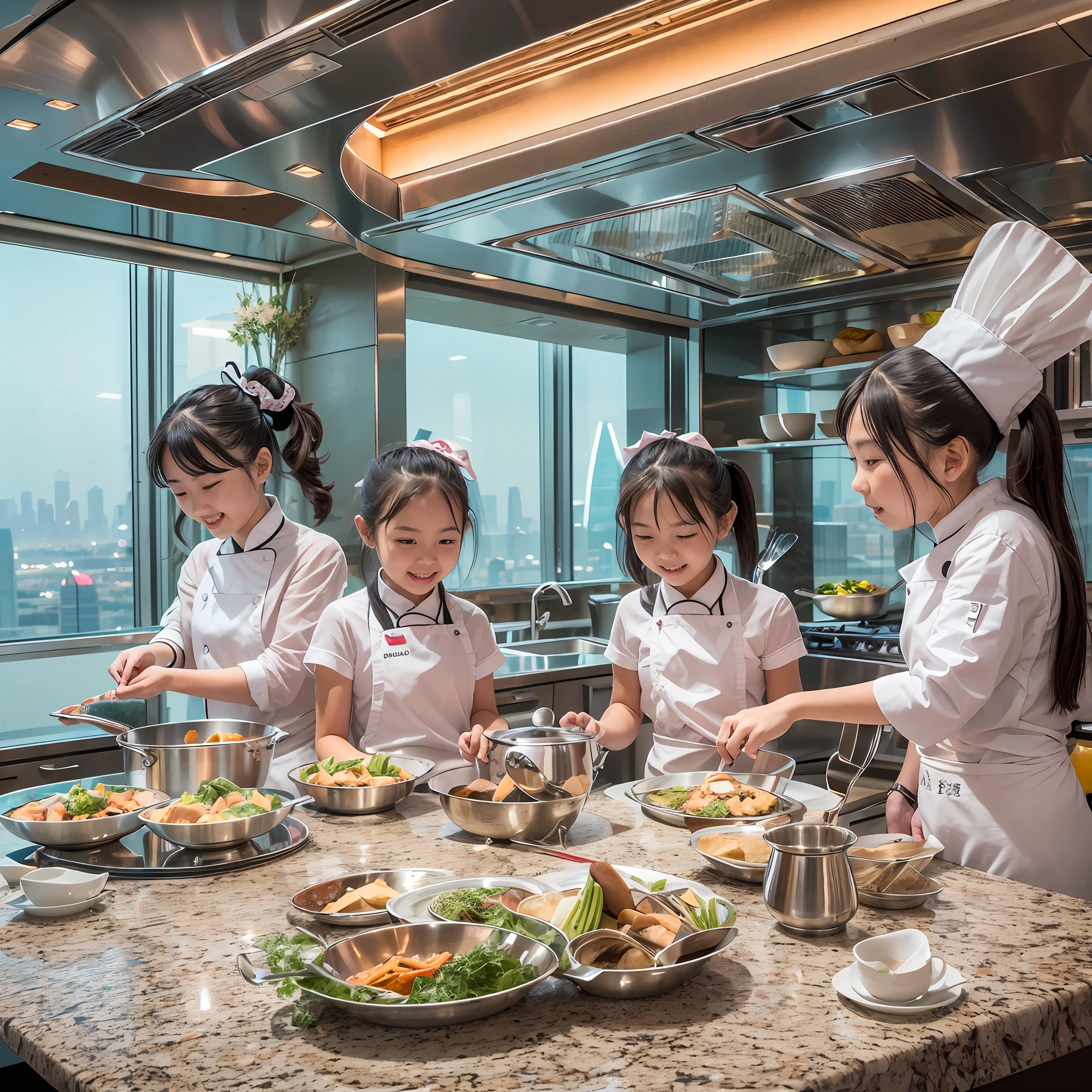 Located on the 180th floor of Shanghai Tower，Five delicate cute s with upturned asses，junior school student，Cook in an upscale open kitchen