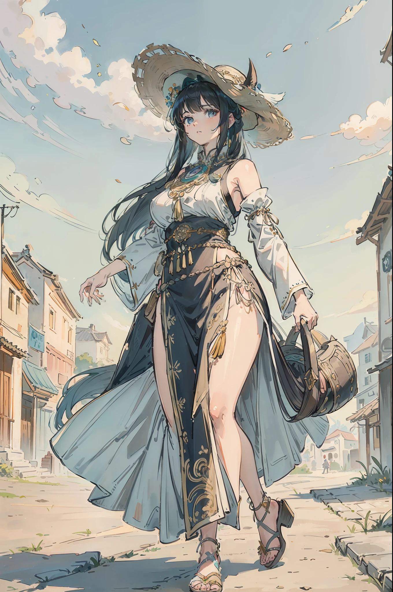 Una hermosa vaquera. She is in the middle of the street in a small village. She holds two large revolvers......, uno en cada mano, Usar ropa de mezclilla, un sombrero y botas altas. Su cabello es largo y rizado. It's a spectacular full-body image with a low upward tilt angle..