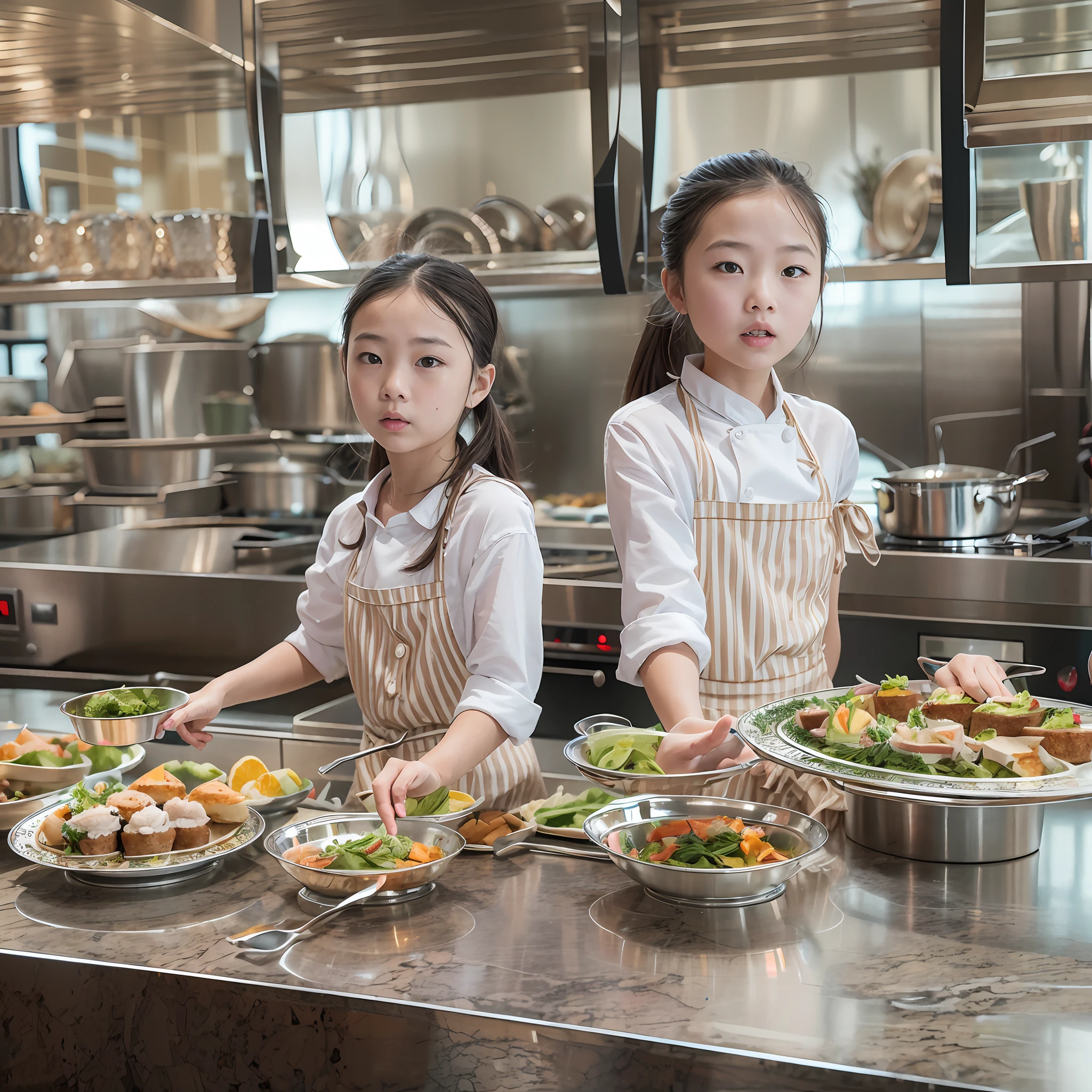 Located on the 180th floor of Shanghai Tower,Five delicate cute little girls with upturned asses,junior school student,Cook in an upscale open kitchen