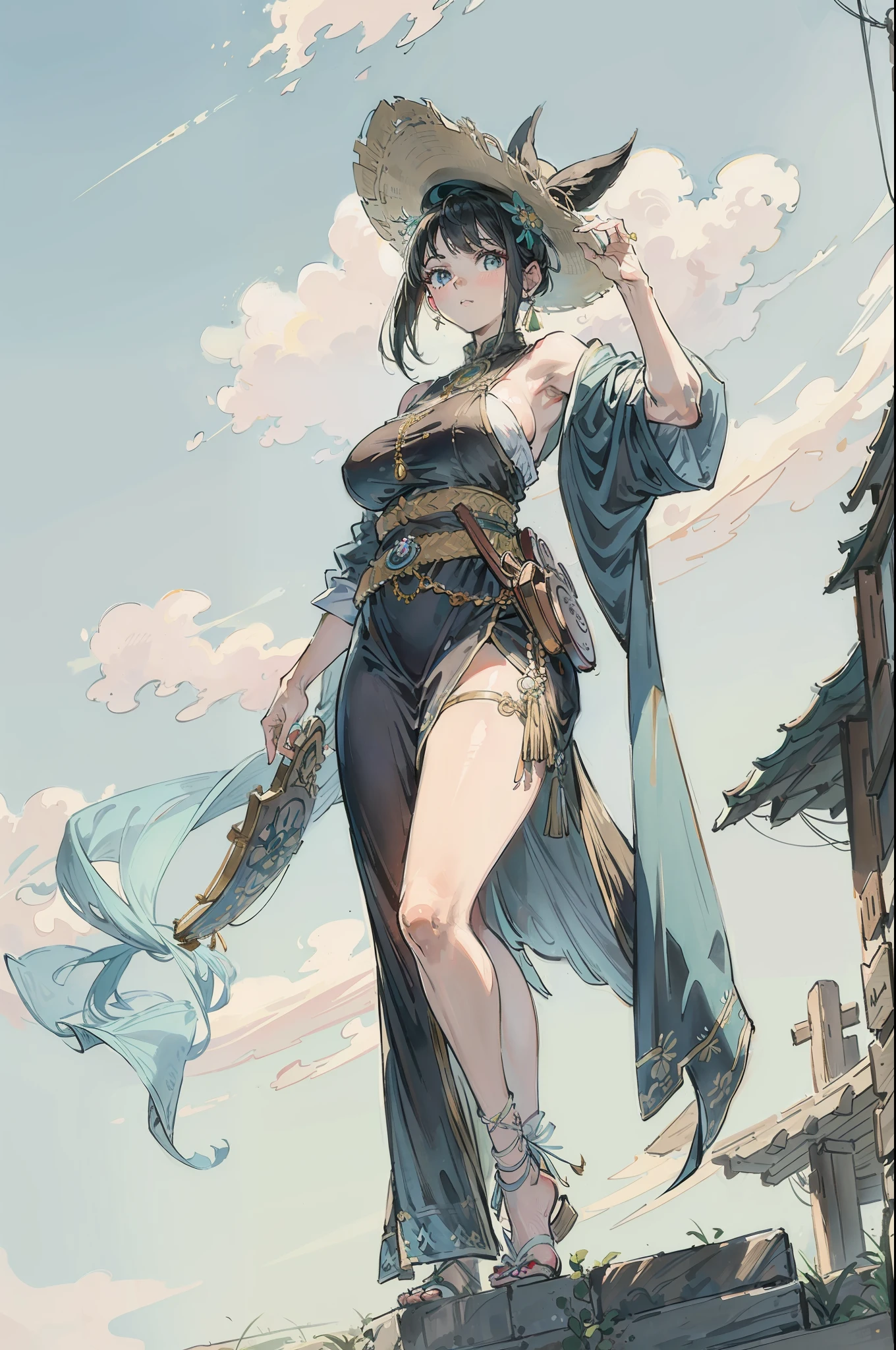 Una hermosa vaquera. She is in the middle of the street in a small village. She holds two large revolvers......, uno en cada mano, Usar ropa de mezclilla, un sombrero y botas altas. Su cabello es largo y rizado. It's a spectacular full-body image with a low upward tilt angle..