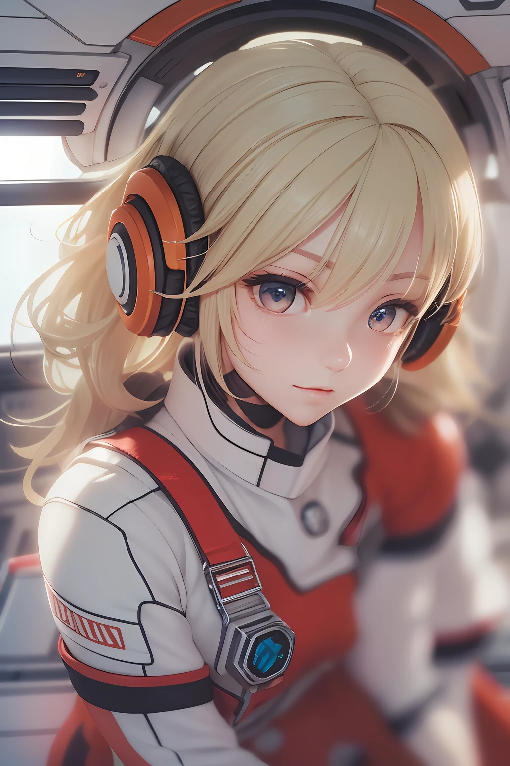 (Top view), Dynamic angle, Ultra detailed, Illustration, Close up, Straight Straight, 1 Girl,
 ((souryuu Asuka Lanley, interface headphones, red tights: 1.4, blonde)), her eyes shine like dreamy stars, (glowing eyes: 1.233), (beautiful and delicate eyes: 1.1), (expressionless, mouth closed), (standing),
(mechanical room with tools and spaceship windows in the white spaceship),
(night: 1.2), dreamy, [[slender fingers and hands: 0.55]::0.85], (detail fingers),
