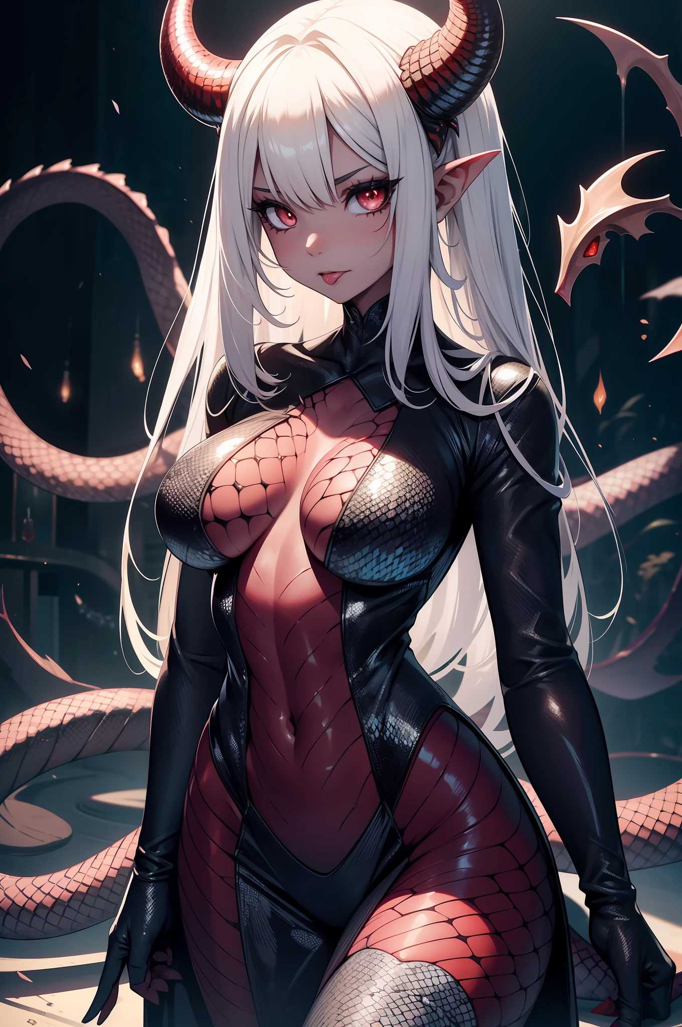 A covered in snake scales,beauitful face,succubi,(The scales grow all over the body:1.9)(Scaly skin:1.9),Side Body,hyper HD,Beautiful and charming,Internet red face,,Raised scales,Sexy figure,Oversized breasts,hyper HD,The huge breasts are covered with scales,dragon scale,Long tail,Two demon horns,Long tongue,empty pupils,Delicate big eyes,There are scales on the face