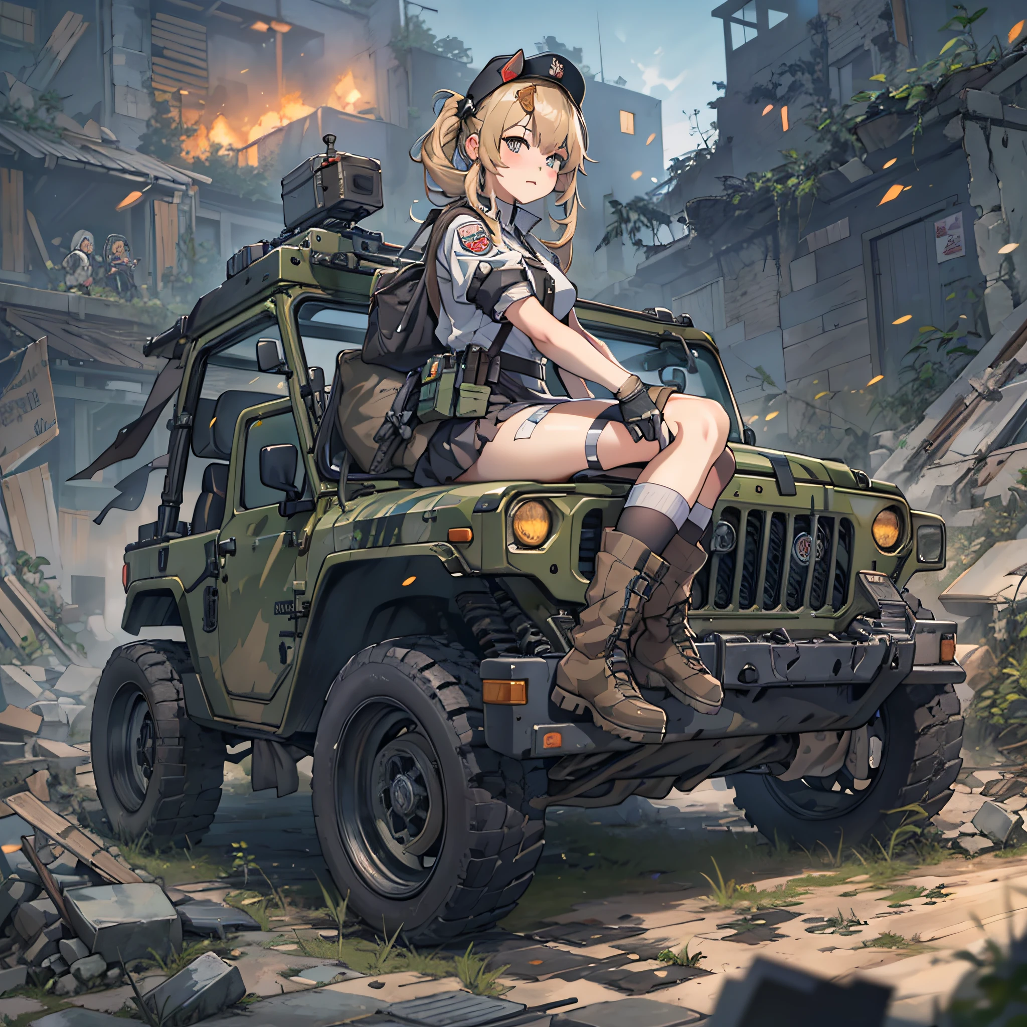 Anime girl riding a jeep in the ruins, girls frontline style, from girls frontline, Fine details. girls' frontline, girls' frontline, girls frontline cg, infantry girl, Women's Last Tour, soldier girl, M4 Sopmod II Girls Frontline, anime maid ss military, girls frontline universe, Mechanized soldier girl, Majora、lieutenant colonel、Girls Moon、Start of battle!