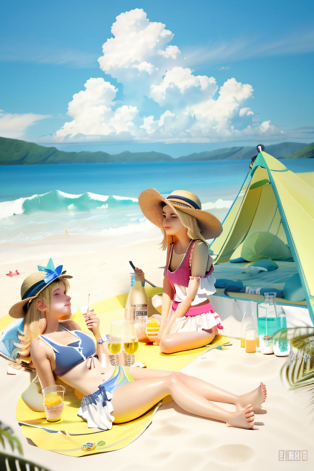 Two girls，There was a woman sitting in a swimming ring，There was one sitting on the beach，Wearing a straw hat，sweet，There are tents, on  the  beach, in beach, There are green beers，There are lemons，in the beach, On a beach, at a tropical beach, Entitled "Beach holiday", relaxing at the beach, On a sunny beach, Beach scene, sunny day at beach, relaxing on the beach, on  the  beach, sitting in beach