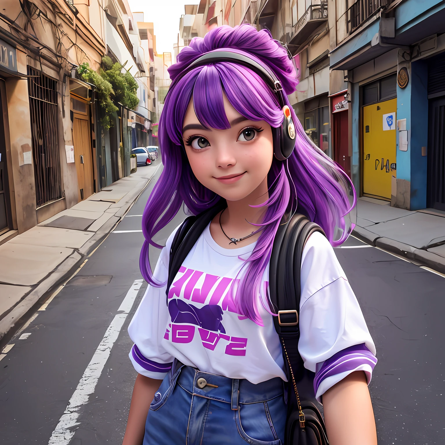 uma jovem, Seu cabelo esta solto, com rendas delicadas, tom verde neon com madeixas cinza e preto claro, roupas leves, mochila, fone de ouvido, dread's roxo escuro, corpo inteiro, The background is filled with an urban tones, evoking a sense of lightness and happiness.