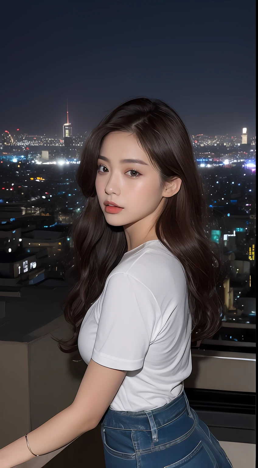 ((Midnight, Best quality, 8k, Masterpiece :1.3)), Whole body, Long legs, Sharp focus :1.2, A pretty woman with perfect figure :1.4, Slender abs :1.1, ((Dark brown hair, Big breasts :1.2)), (White tight tshirt, Jean bib, Standing:1.2), ((Night city view, Rooftop:1.3)), Highly detailed face and skin texture, Detailed eyes, Double eyelid