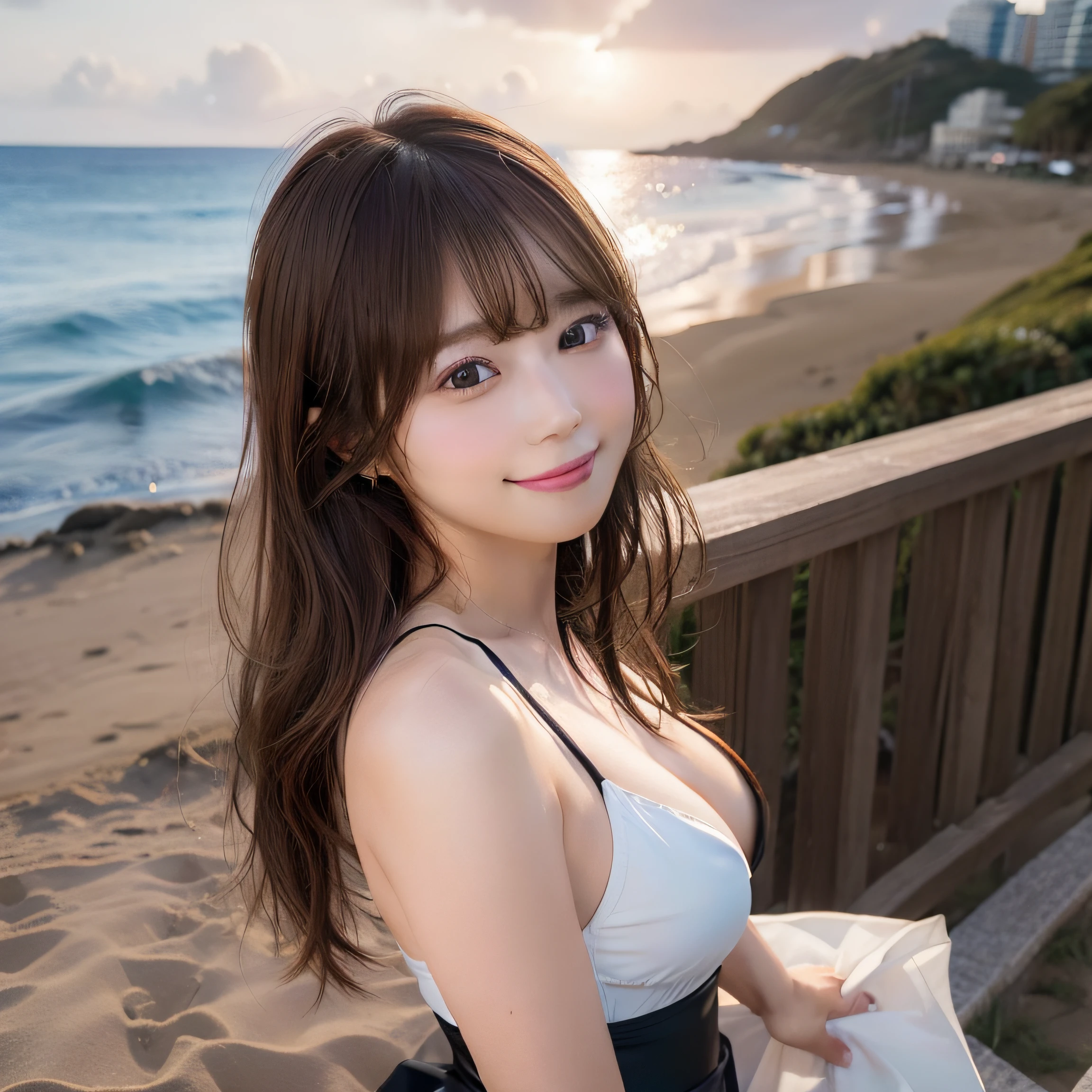 8K,Best Quality, 超A high resolution, (Photorealistic:1.4),masterpiece:1.3, Raw photo, (upper thigh:1.6, From Side:0.7), (Bokeh:1.2), sea side:1.3, (in a suite:1.6),sand beach:1.1, 1日本人の女の子, Cute, (Solo:1.6), (Shy smile), Smooth skin, (Brown medium hair,Bangs), (touch hair:1.4),nogizaka,Cute swimsuit,Beautiful black eyes:1.3、full bodyesbian:1.4,ample breasts