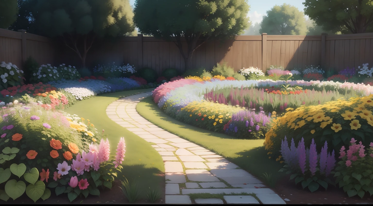 Garden with realistic rainbow color flowers 4k