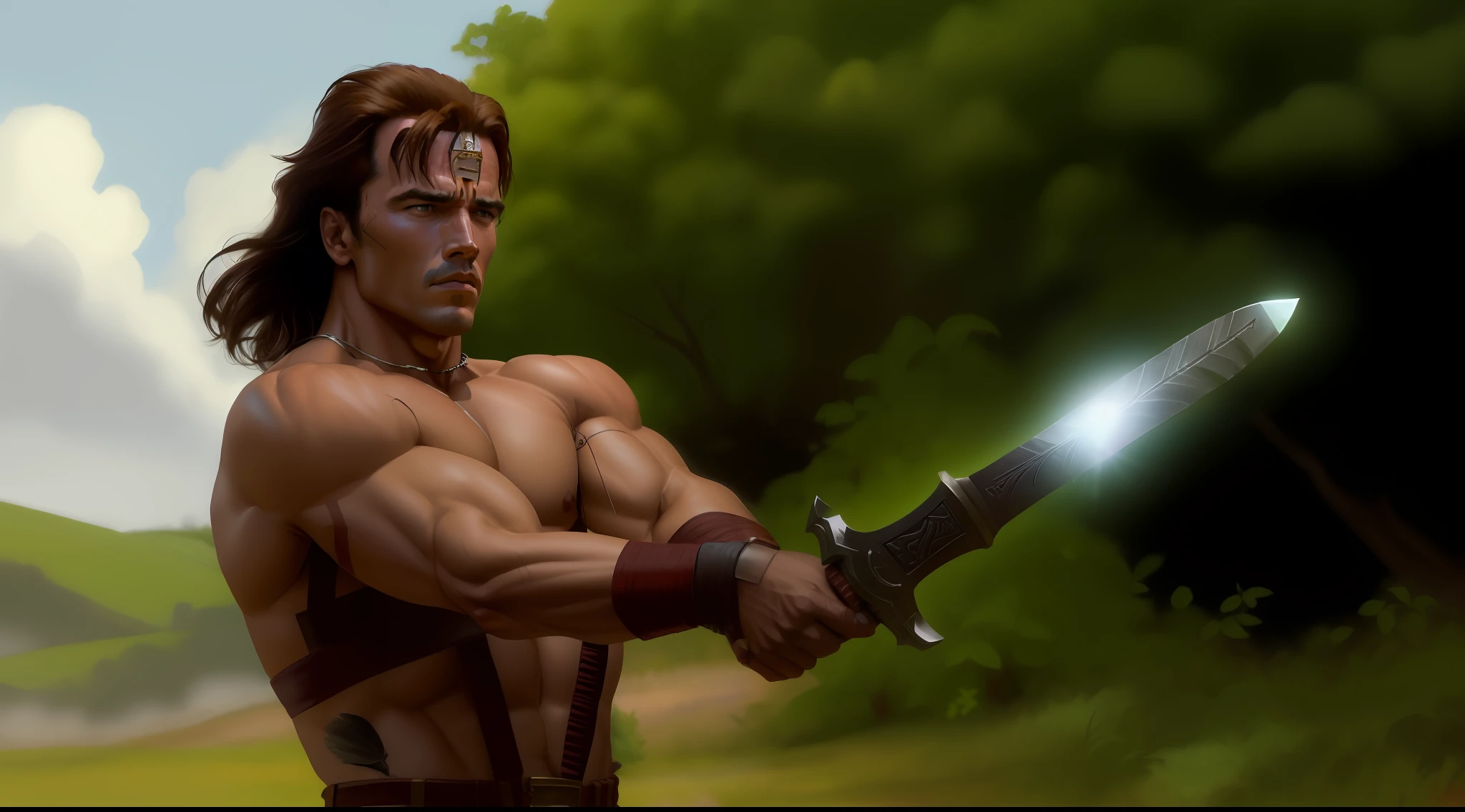 homem arafed com uma espada em um campo de grama seca, Conan, the Barbarian, Arnold Schwarzenegger, Arnold, Arnaldo 3, Schwarzenegger, Conan, o Destruidor 1 9 8 5, Retrato de Conan, the Barbarian, in the movie hard target (1993), com espada grande, O Mestre das Feras 1 9 8 5, imagem de um guerreiro masculino adulto, segura uma espada