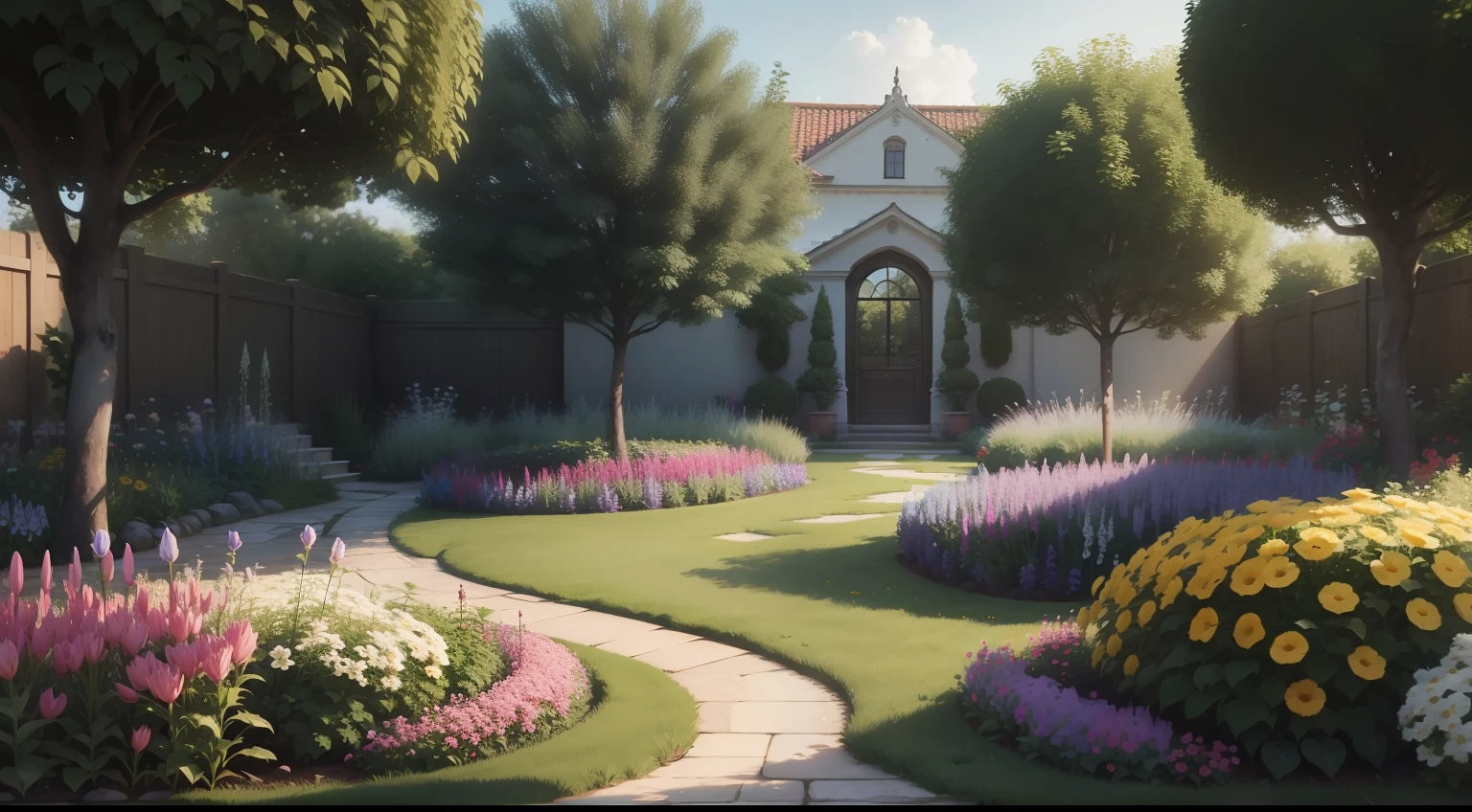 Garden with realistic rainbow color flowers 4k