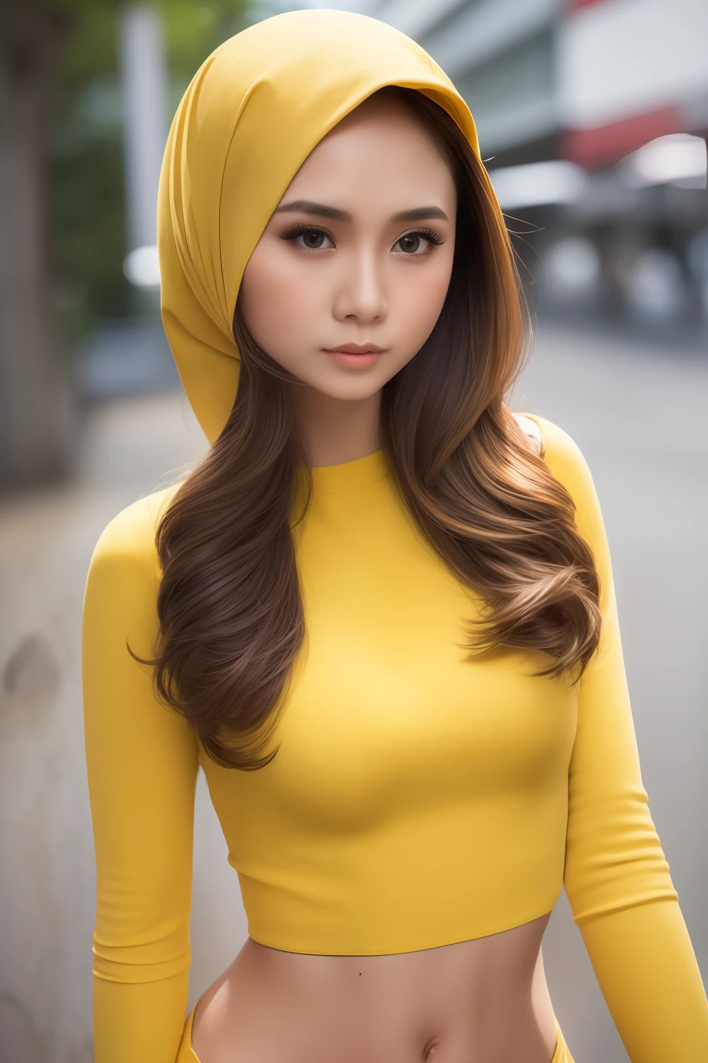 (((sfw))),8k, RAW photo, best quality, masterpiece, high detail RAW color photo, malay girl, professional photograph, (realistic, photorealistic:1.37), (high detailed skin:1.2), high resolution, beautiful detailed eyes, (intan najuwa face), (hard focus:1.4), (sharp focus:1.4), extreme detailed , (Professional lighting:1.2) High quality shadow , (amazing awesome exquisitely extremely finely hyper intricate super ultimate ultra wonderful detailed:1.4), parted_lips, slender face, (hijab), slim body, petite, small breast, small chest, big hip, flat chest, small tits, aquamarine eye color, suggestive look, (((torso))), pov, (((depth of field))), pale and lustrous skin, wearing yellow cotton underwear, Urban street, bokeh, lens flare, (vignette:0.8), dramatic lighting, cinematic lighting, back light, professional lighting, physically-based rendering, ulzzang-6500-v1.1, pureerosface_v1.