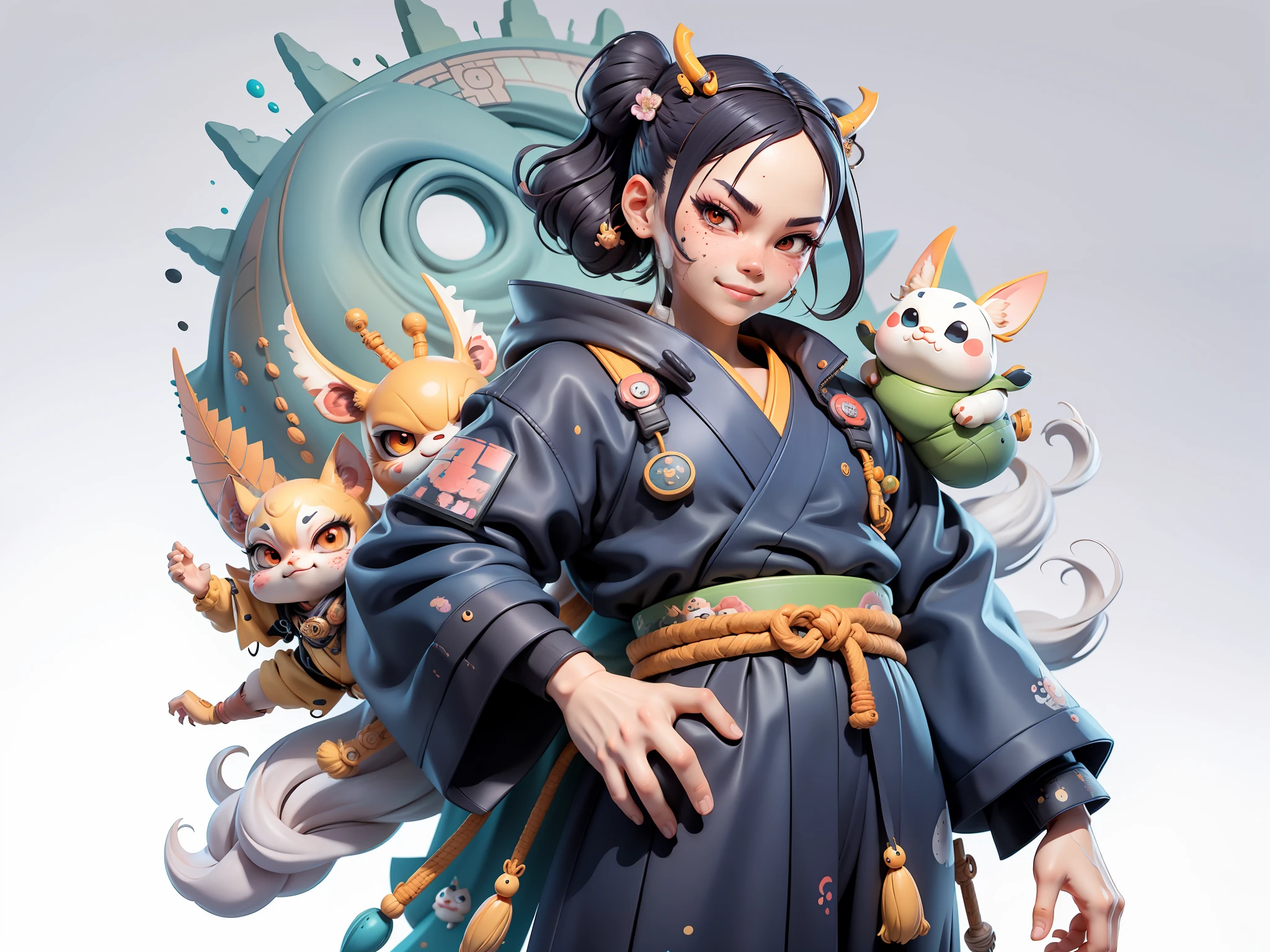 (Daisaku),(Need),(Super meticulous),(full bodyesbian:1.2),Japanese ukiyo-e girl,japanese geisha,Beautiful,Oriental dragon,Aeolian Thor,Raised sexy,爆乳,Oriental face,TV Anchor,Bust portrait illustration,Alone,In black suit,a blue tie,The face is slightly chubby,The face was clean,without a beard,Black super short hair,Black eyes,Smile confidently,3C computer sub-products,iPad, iphone,Digital painting,3D character design by Mark Clairen and Pixar and Hayao Miyazaki and Akira Toriyama,The illustration is a high-definition illustration in 4K resolution,With very detailed facial features and cartoon-style visuals。