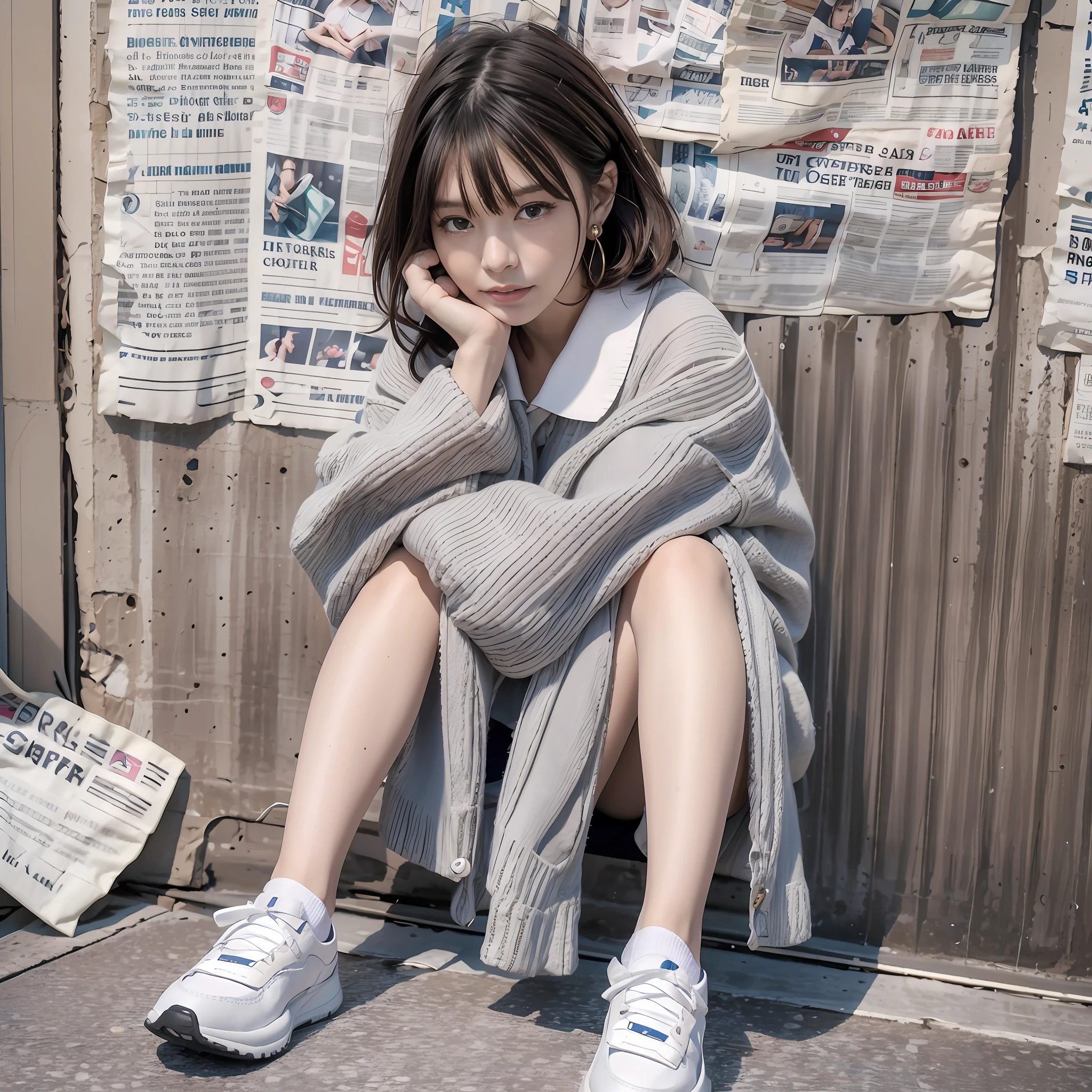 1girl, solo, sitting, shoes, looking at viewer, skirt, newspaper, sailor collar, socks, head rest, jewelry, sneakers, short hair, earrings, black hair, long sleeves, shirt, bangs, brown hair, brown eyes, full body, white socks, serafuku, school uniform, white footwear