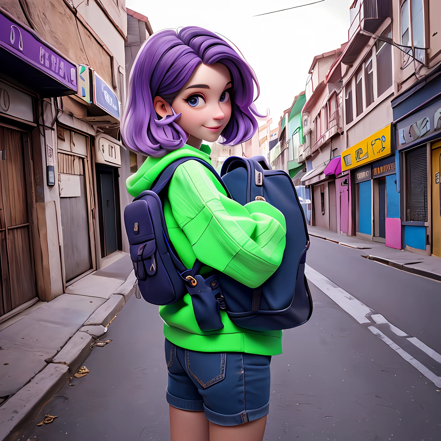 uma menina jovem, Seu cabelo esta solto, com rendas delicadas, tom verde neon com madeixas cinza e preto claro, roupas leves, mochila, fone de ouvido, dread's roxo escuro, corpo inteiro, The background is filled with an urban tones, evoking a sense of lightness and happiness.