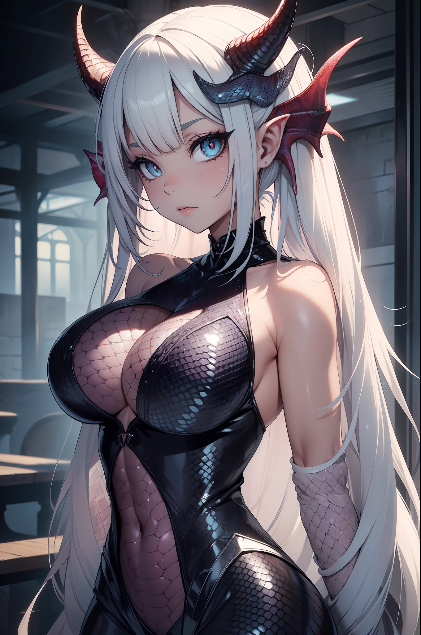 A little girl covered in snake scales,beauitful face,succubi,(The scales grow all over the body:1.9)(Scaly skin:1.9),Side photo,(The whole body is covered with scales),wide angles,hyper HD,Beautiful and charming,Internet red face,,Raised scales,Sexy figure,Oversized breasts,hyper HD,The huge breasts are covered with scales,dragon scale,Long tail,Two demon horns,Long tongue,empty pupils,Delicate big eyes,There are scales on the face