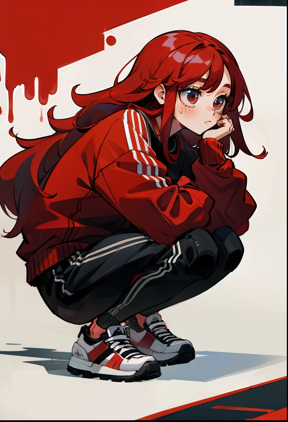 Red hair, 1Girl, Adidas Clothing, squat down, Long-haired