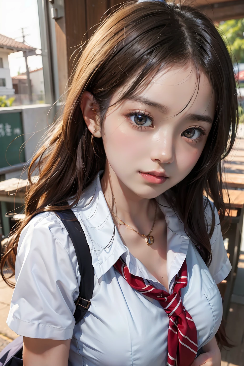 in 8K、超A high resolution、Top image quality、masterpiece、A hyper-realistic、a picture、女の子1人、(sixteen years old:1.3)、Cute little girl s、cute face、beautiful detail、(School Girl)、(Summer Uniforms:1.5)、(Medium big breasts:1.2)、(((radiant eyes))、