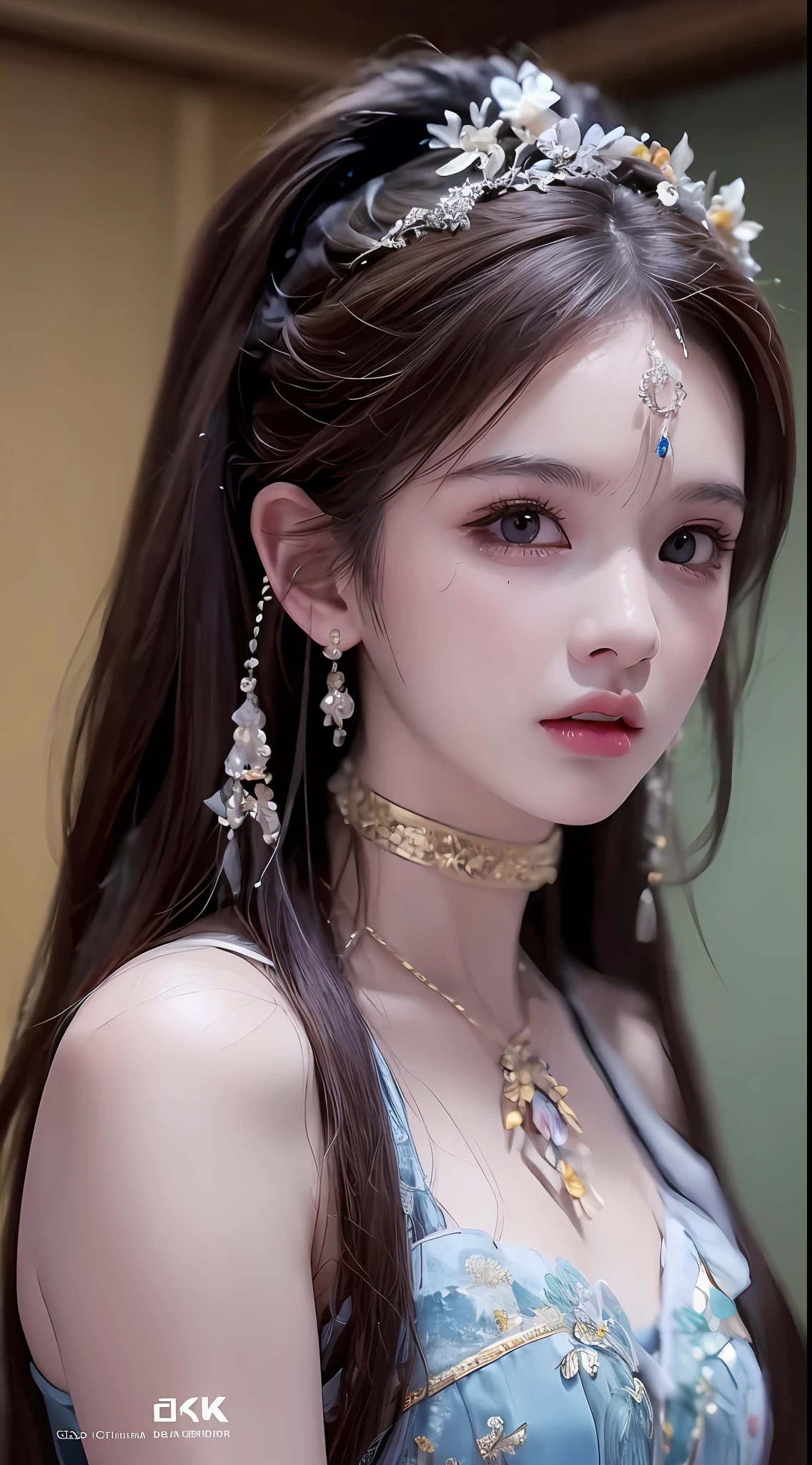 (RAW photo, best quality), (realistic, photo-realistic:1.3),best quality,highly detailed,masterpiece,ultra-detailed,illustration,1girl,upper_body,dynamic angle,world masterpiece theater,messy_long_hair,best quality,extremely detailed CG unity 8k wallpaper,ink,Amazing,cinematic lighting,lens_flare,,dunhuang_style