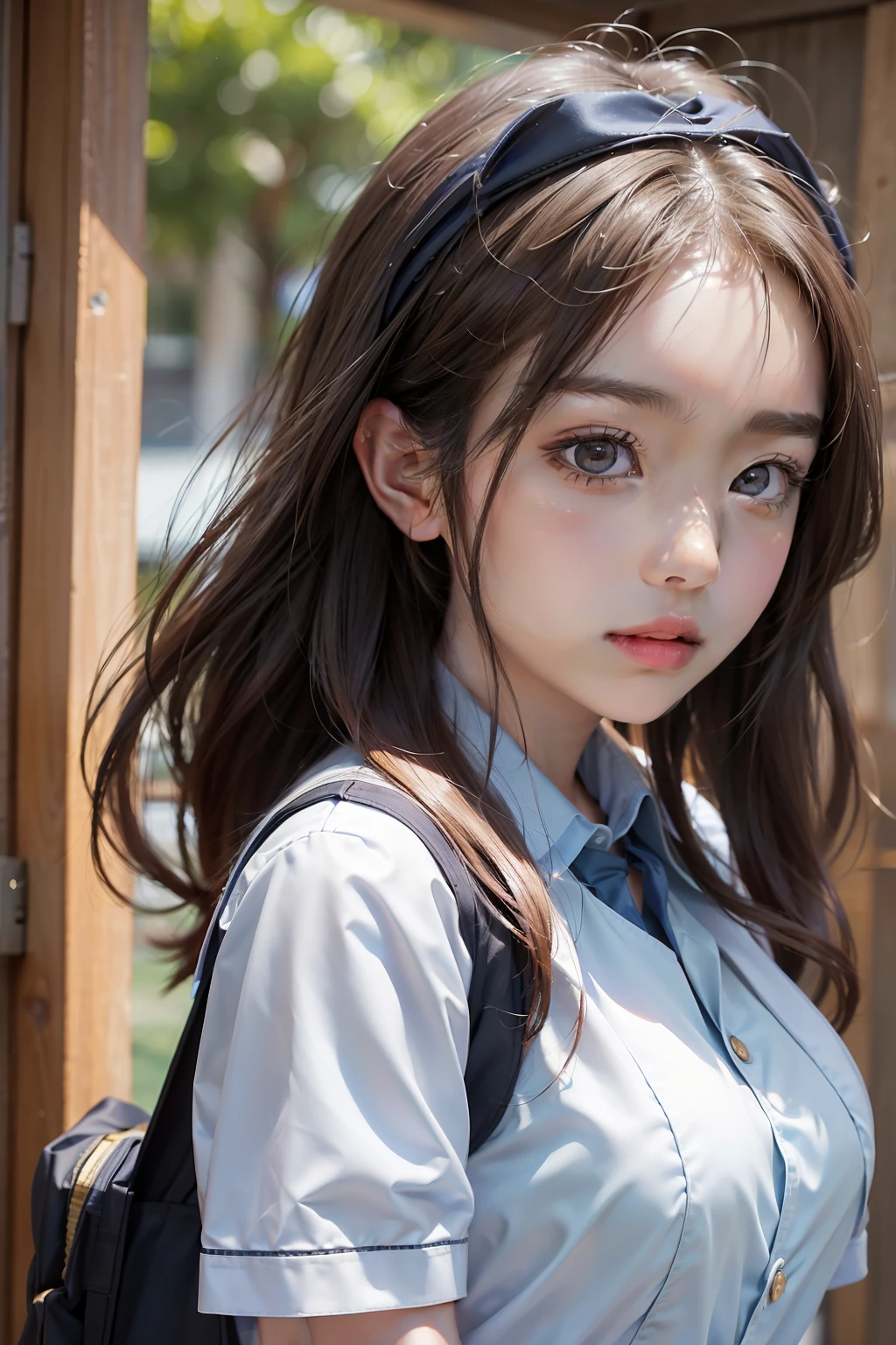 in 8K、超A high resolution、Top image quality、masterpiece、A hyper-realistic、a picture、女の子1人、(sixteen years old:1.3)、Cute little girl s、cute face、beautiful detail、(School Girl)、(Summer Uniforms:1.5)、(Medium big breasts:1.2)、(((radiant eyes))、