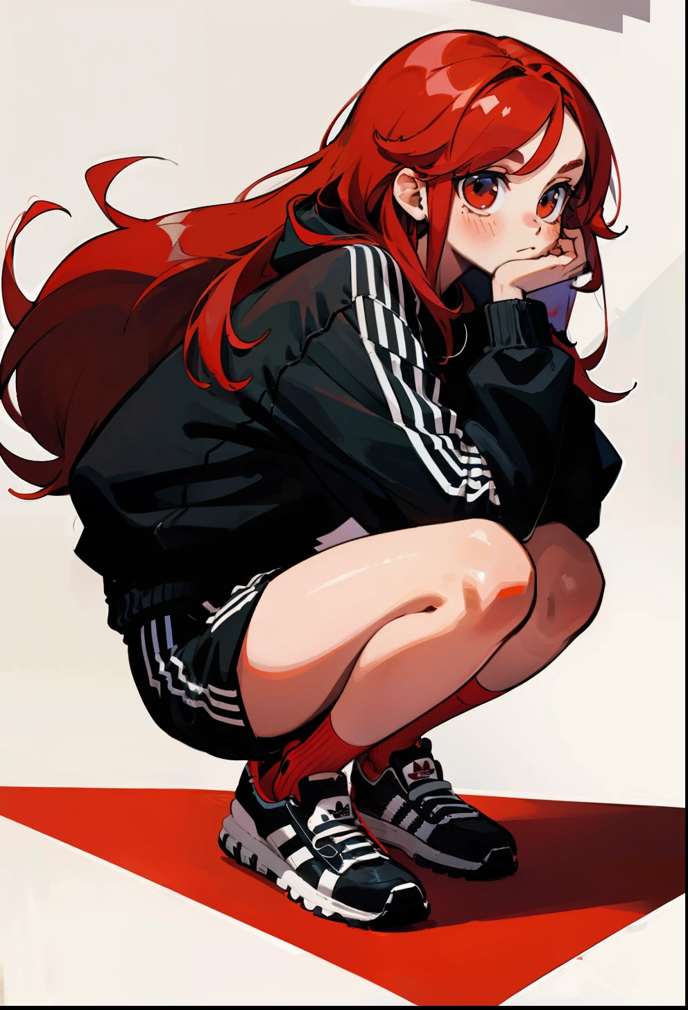 Red hair, 1Girl, Adidas Clothing, squat down, Long-haired