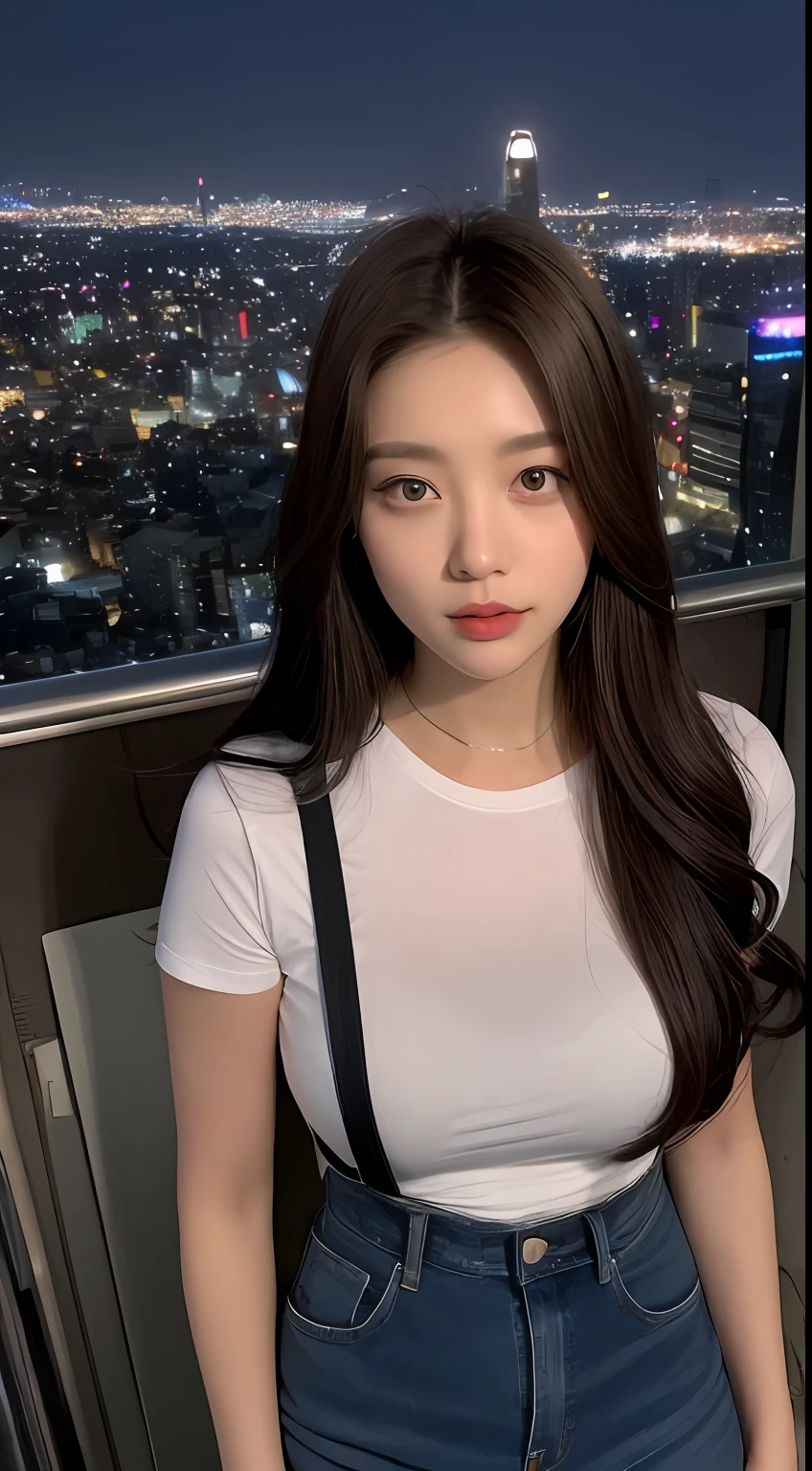 ((Midnight, Best quality, 8k, Masterpiece :1.3)), Whole body, Long legs, Sharp focus :1.2, A pretty woman with perfect figure :1.4, Slender abs :1.1, ((Dark brown hair, Big breasts :1.2)), (White tight tshirt, Jean bib, Standing:1.2), ((Night city view, Rooftop:1.3)), Highly detailed face and skin texture, Detailed eyes, Double eyelid