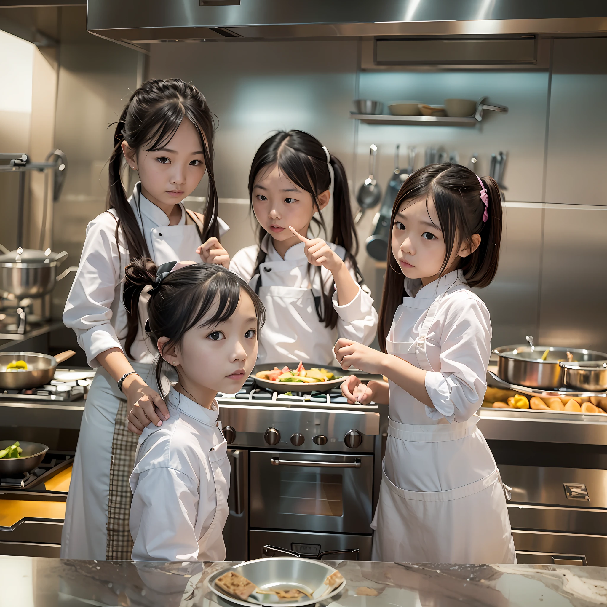 Located on the 180th floor of Shanghai Tower，Five delicate cute little girls with upturned asses，junior school student，Cook in an upscale open kitchen