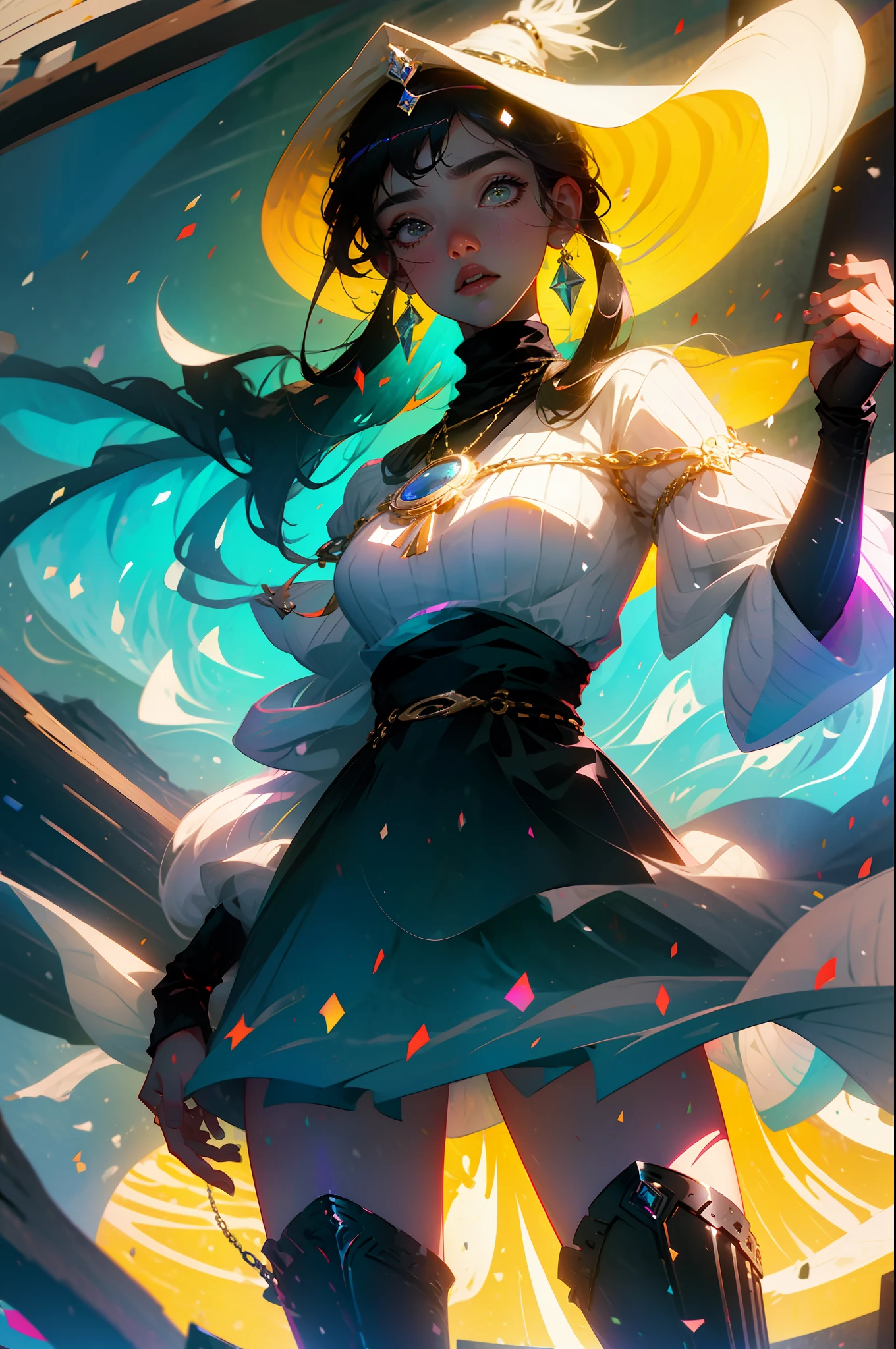 Una hermosa vaquera. She is in the middle of the street in a small village. She holds two large revolvers......., uno en cada mano, Usar ropa de mezclilla, un sombrero y botas altas. Su cabello es largo y rizado. It's a spectacular full-body image with a low upward tilt angle..