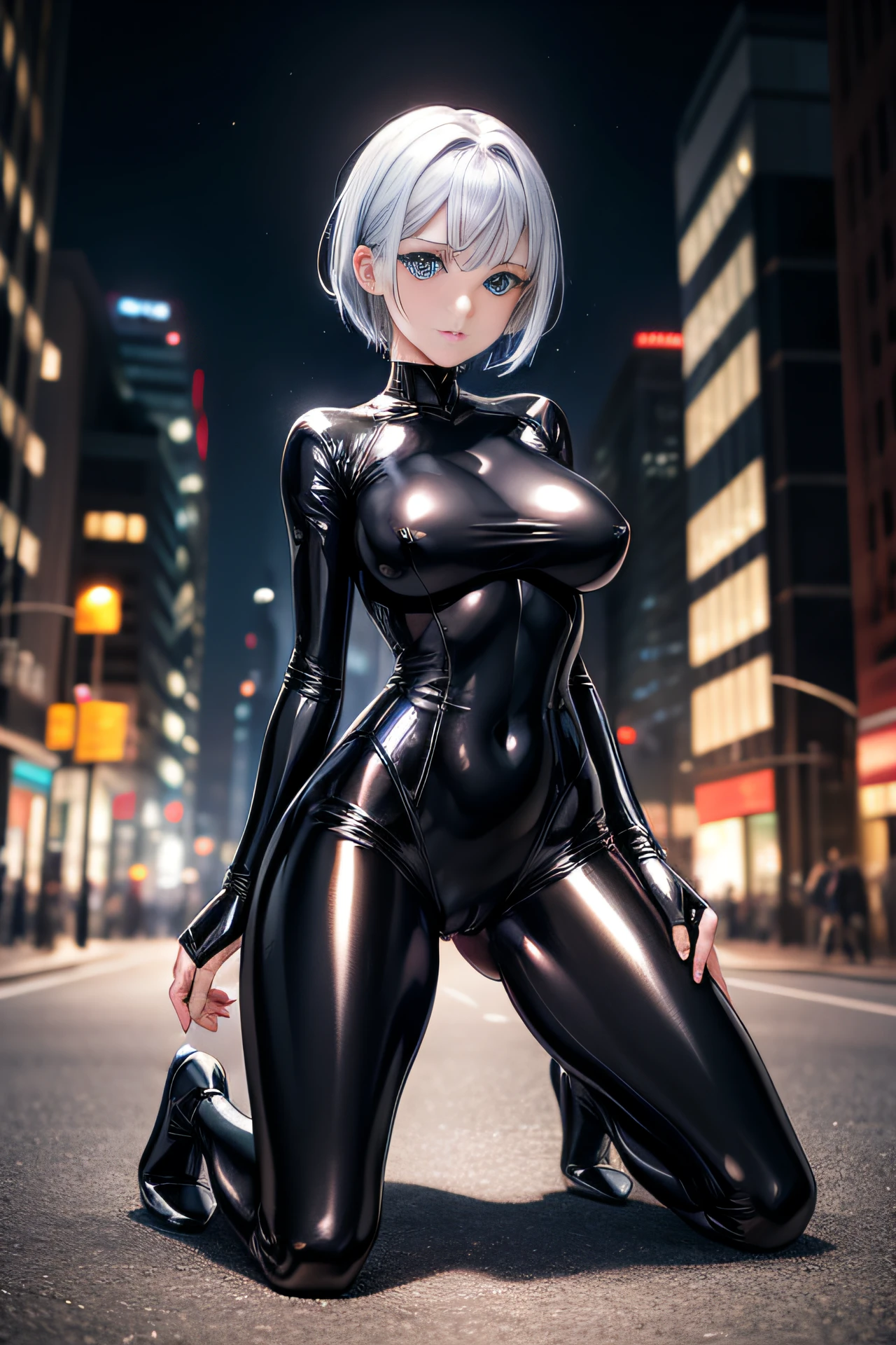 A woman with blue eyes in a shiny bodysuit with black shiny completely hidden fingertips and semi-short silver hair kneeling with her crotch wide open、City at night、Seamless full-body tights、Enamel full-body tights without seams、Full body tights、Beautiful girl with a whole body in black、Open legs、Thrusting hips forward、NSFW