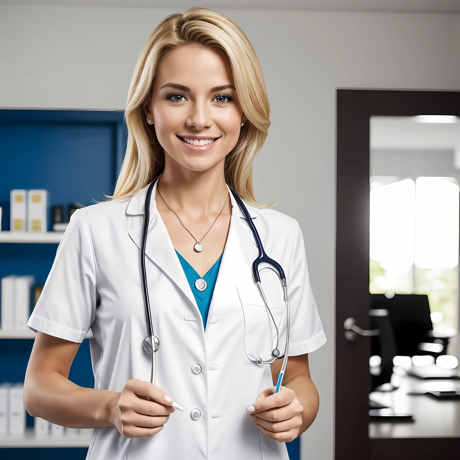Image of the doctor: She's blonde and she's smiling, vestindo um jaleco branco com uma camisa roxa por baixo. A stethoscope hanging from her neck as she holds a clipboard.