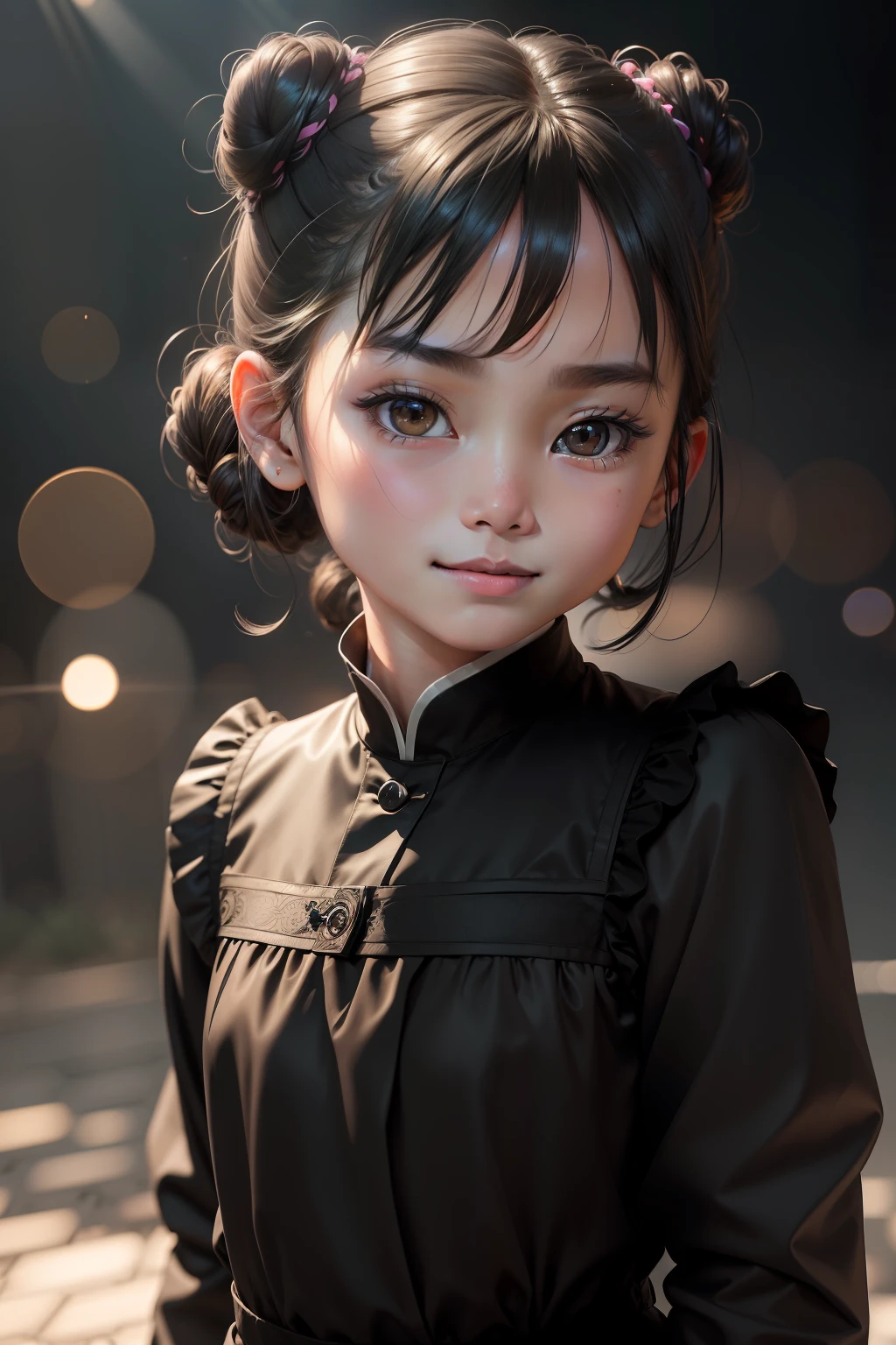 (raw photo, best quality), highly detailed, masterpiece, ultra detailed, illustration, 1 girl 9 years tiful, wear black long sleeve top, upper body, black hair, black eyes, lens flare, cinematic lighting, dynamic angle, asian face, back bun hair, daylight, elegant, princess, Front angle of the face, smiling, frontal shot