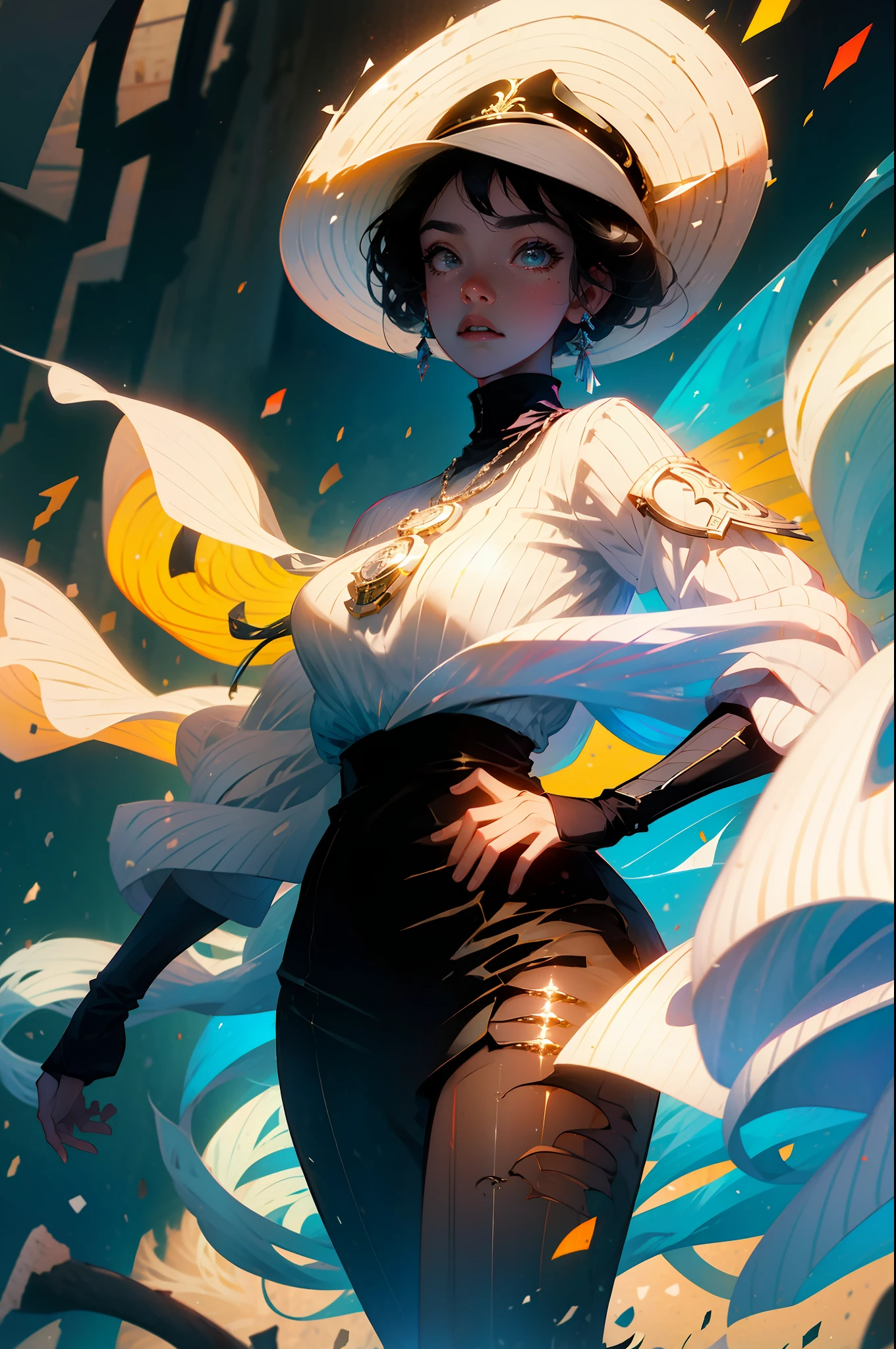Una hermosa vaquera. She is in the middle of the street in a small village. She holds two large revolvers......., uno en cada mano, Usar ropa de mezclilla, un sombrero y botas altas. Su cabello es largo y rizado. It's a spectacular full-body image with a low upward tilt angle..
